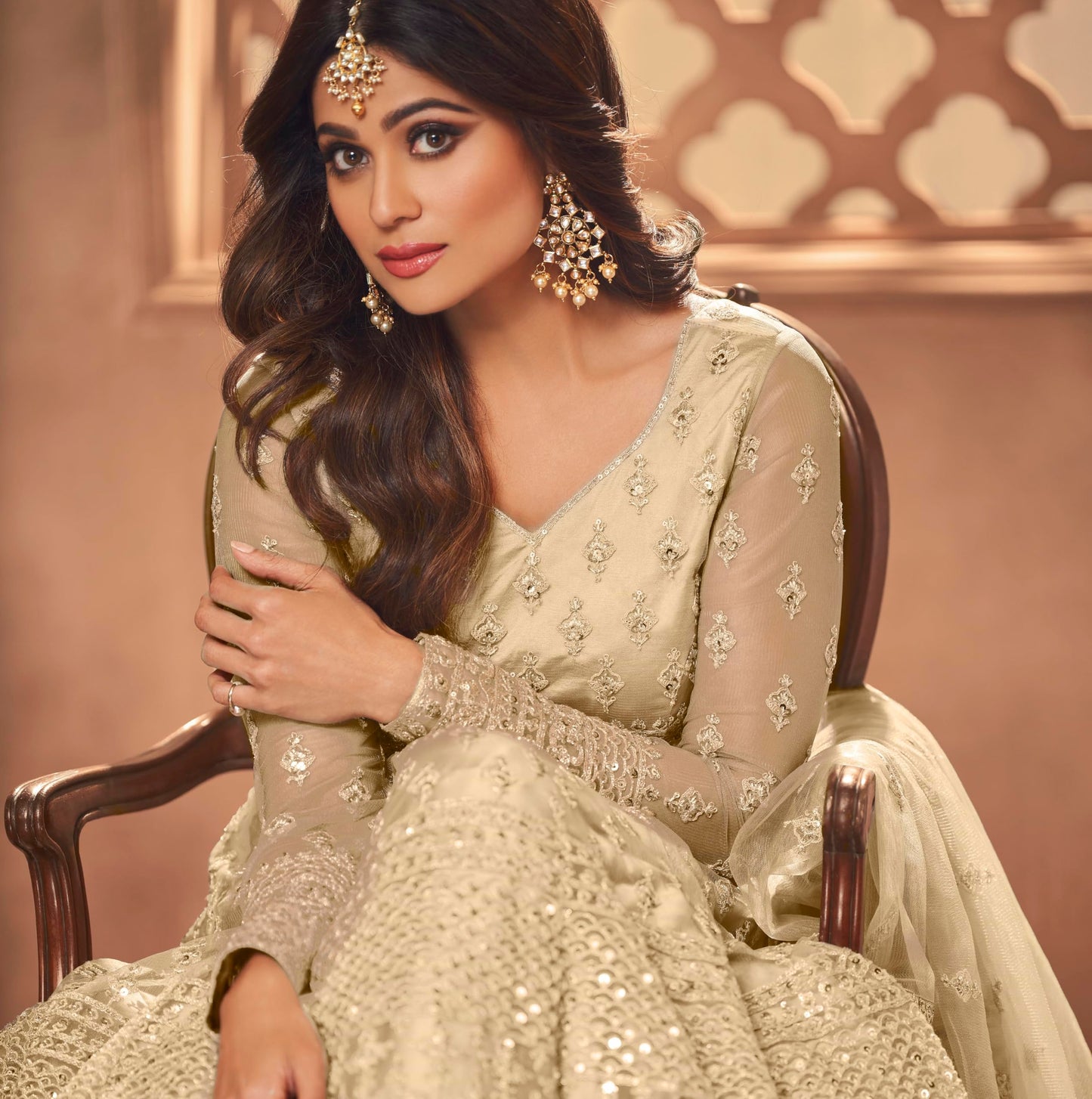 Divine International Trading Co Women's Net With Heavy Embroidery Work Long Anarkali Gown Salwar Suit Dupatta (Unstitched_SanjanaO-8396-Cream)