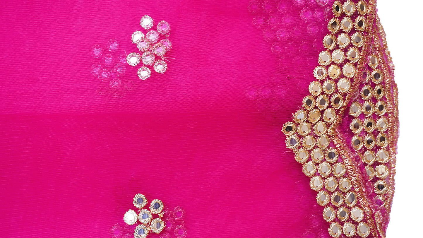 YOUTHQUAKE Embroidered & Embellished Plastic Mirror Net Dupatta For Womens & Girls With Curve Cut Work Fancy Design (Rani Pink), Free Size