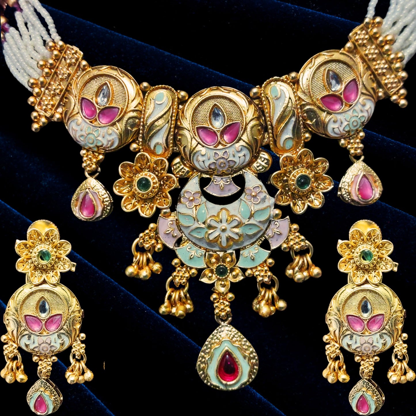 Achyut The Infalliable Women's Rajwadi Gold Plated Chik Necklace Set with Earrings - Rajwadi Floral Design Chokor Motimala Jewellery for Girls pink and green