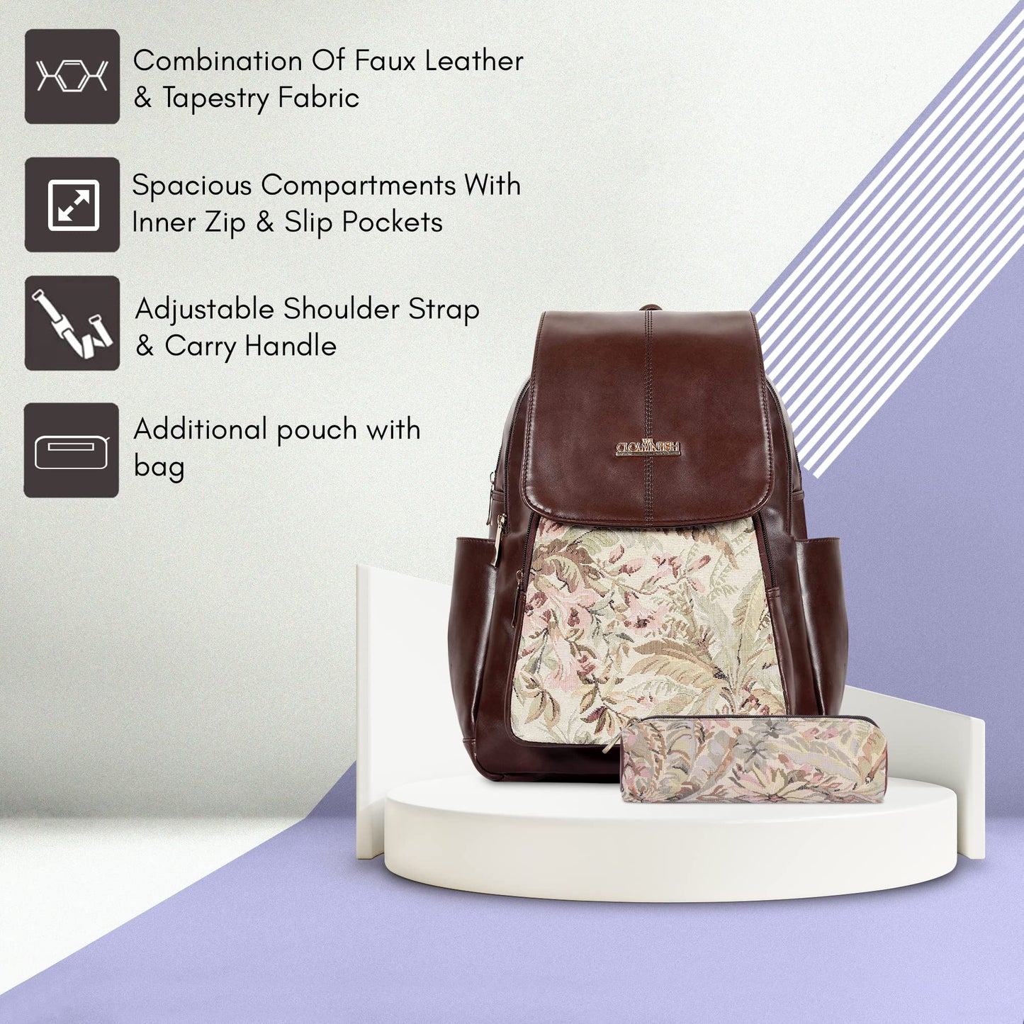 THE CLOWNFISH Combo Of Minerva Faux Leather & Tapestry Women's Backpack College School Girls Bag Casual Travel Backpack For Ladies & Expert Series Pencil Pouch Pen Case ,10 L(Beige)