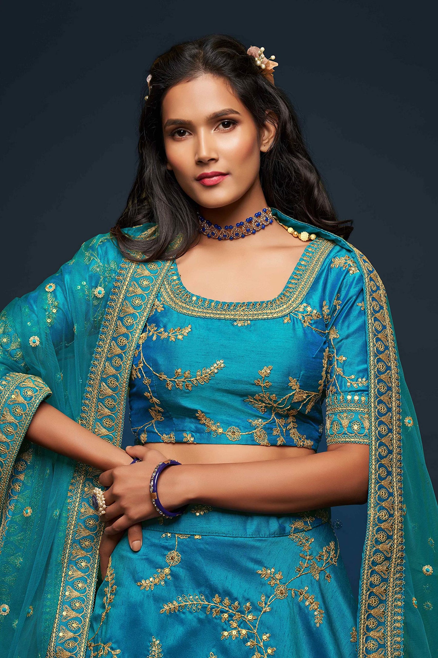 Divine International Trading Co Women's Art Silk Lehenga Choli With Dupatta (ZC7807-TURQUOISE_Unstitched)