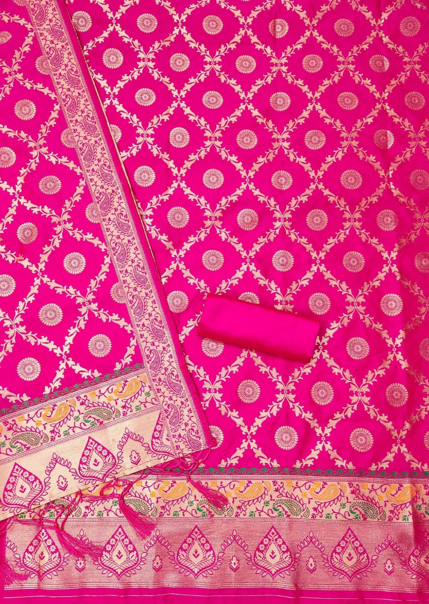 Leeli Peeri Designer Women's Pink Soft Banarasi Silk Zari Weaving Ethnic Motif Unstitched Dress Material(802PDM3)