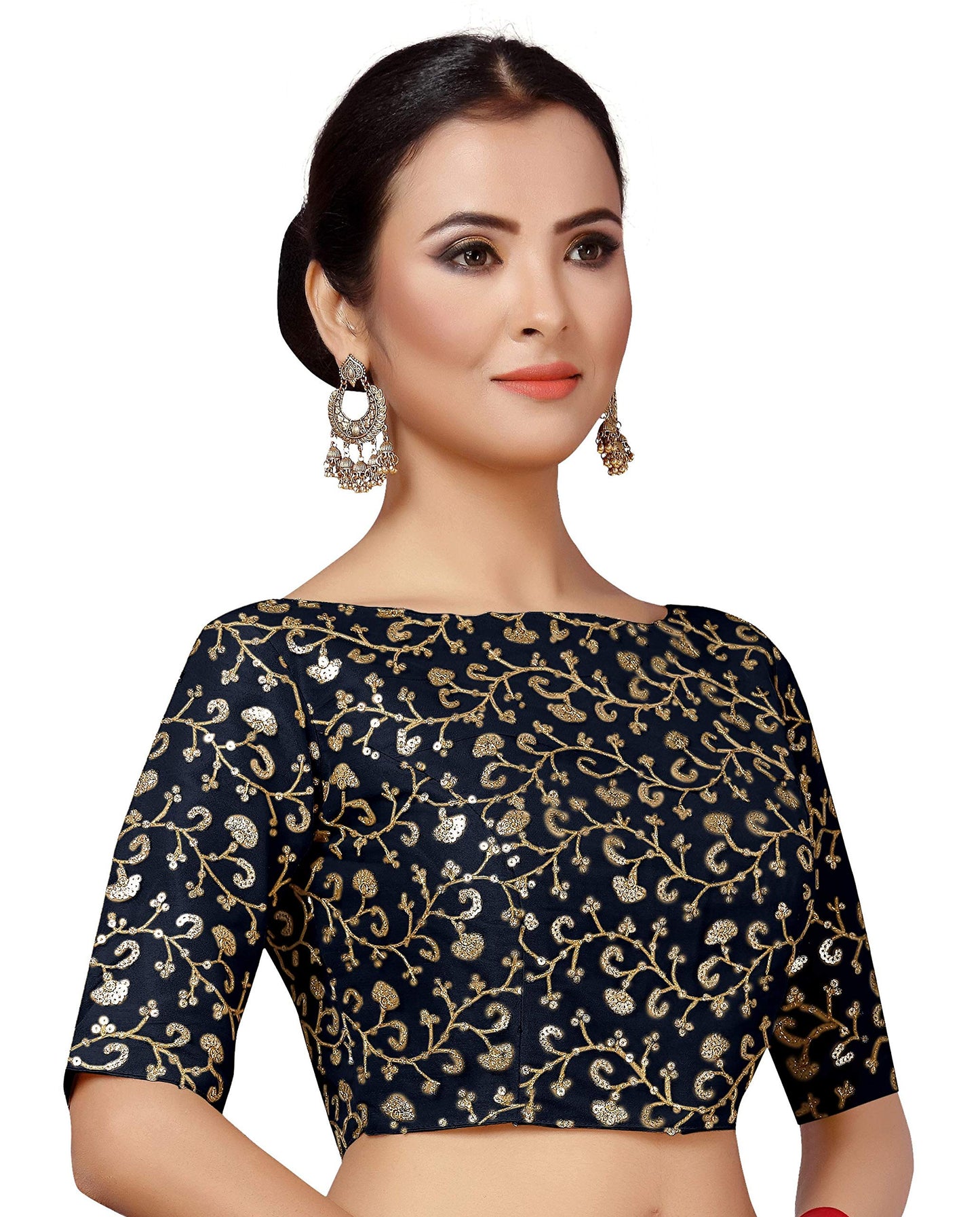 Studio Shringaar Women's Readymade Golden Sequins Embroidered Saree Blouse with Elbow Length Sleeves (Navy Blue, 38)