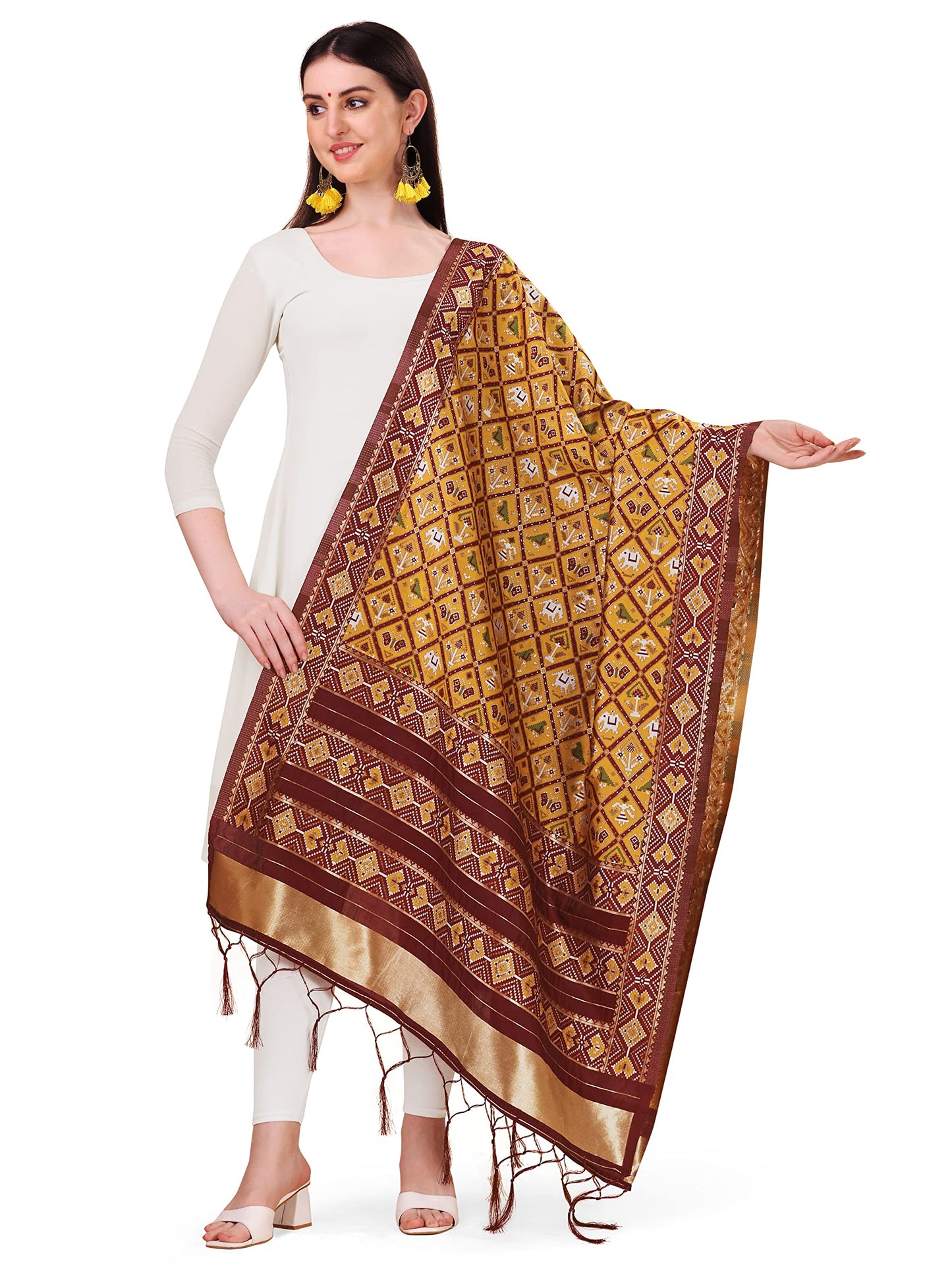 DEVANGI Women's Floral Silk Blend Dupatta (OM-DT-08-MUSTARD-A_Mustard Shade_Free Size)