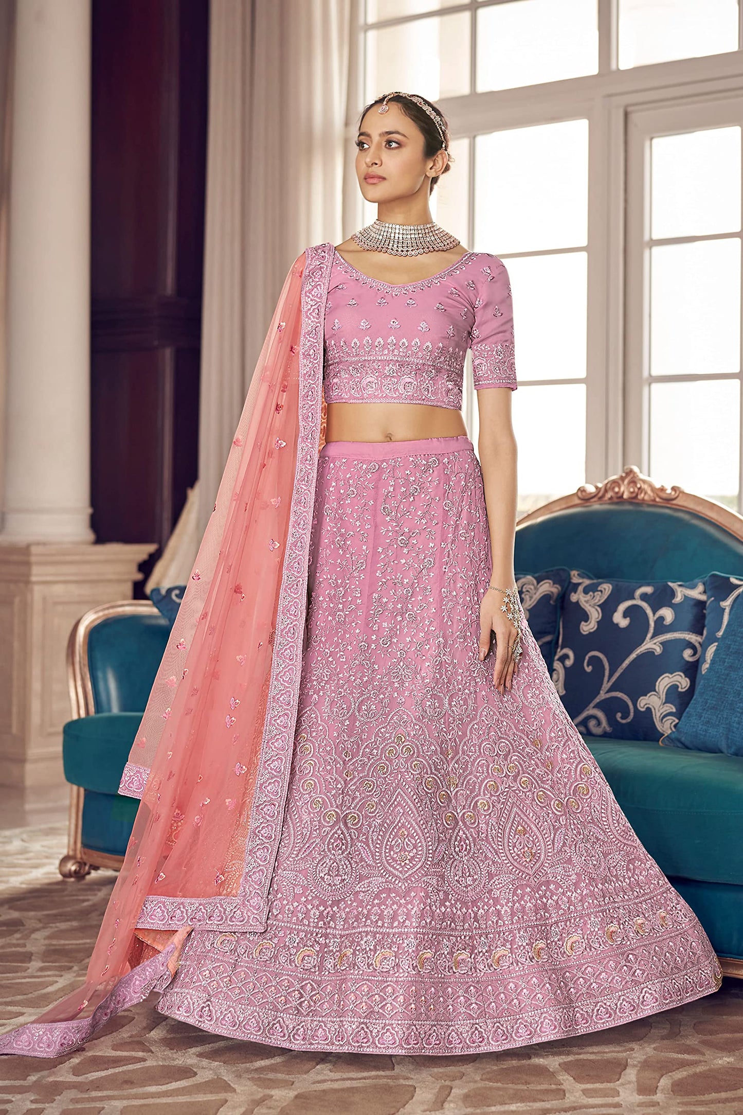 FUSIONIC Pink Color Organza Base Kalidar Lehenga Choli For Women