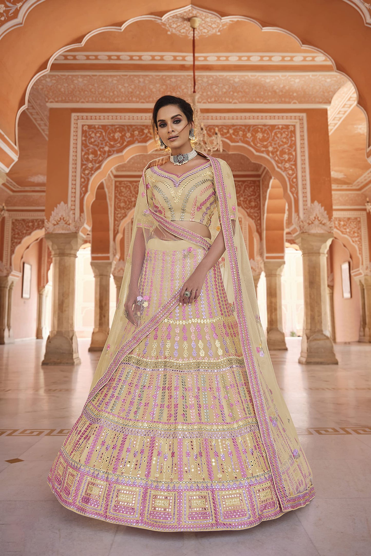 FUSIONIC Yellow Color Organza Fabric Thread And Gota Work Lehenga For Women