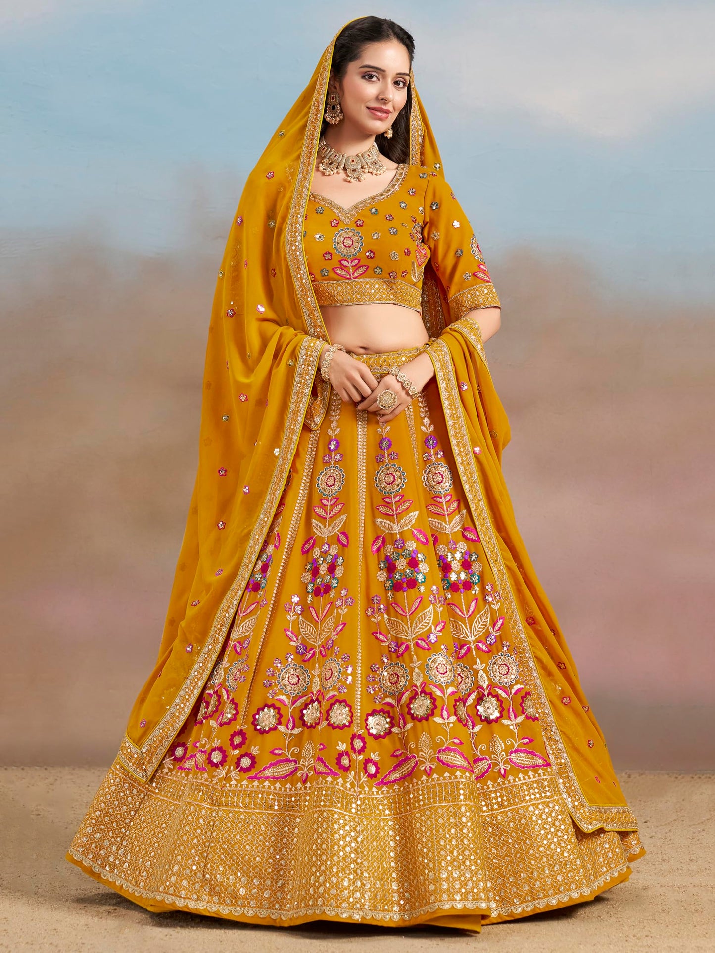Zeel Clothing Women's Sequins Thread Embroidered Georgette Lehenga Choli With Dupatta (6008-Yellow-Women-Lehenga-Choli-New; Free Size)(Yellow)