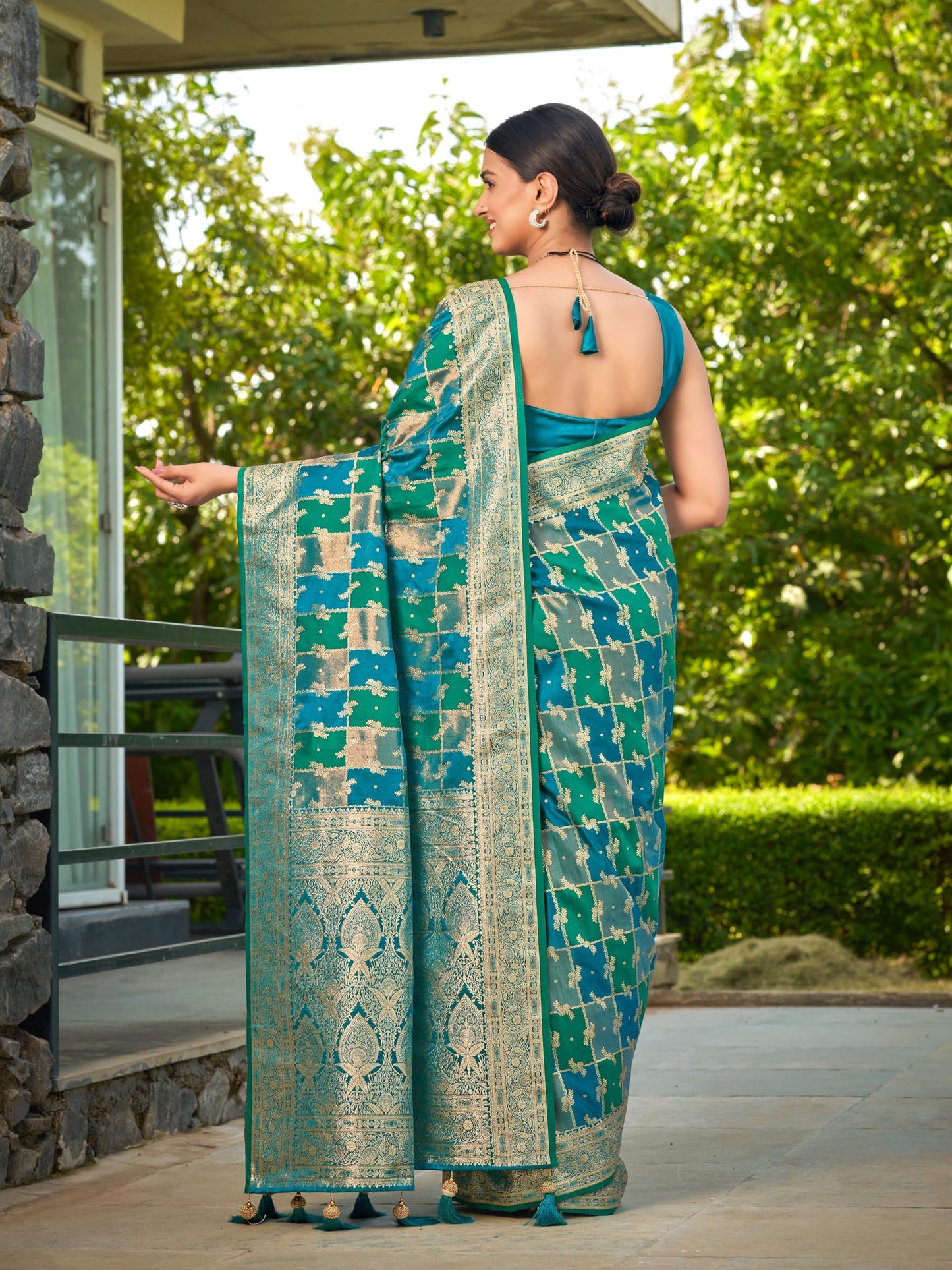 MANOHARI Women's Most Trendy Banarasi Satin Silk Woven Turquiose Blue Saree With Heavy Jacquard Work Saree With Blouse Piece_MN2051