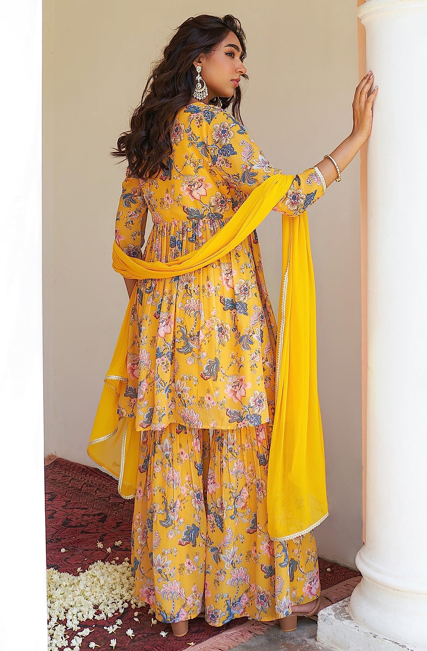 Janasya Women's Yellow Georgette Digital Floral Printed Kurta with Sharara and Dupatta(SET754-KR-SHA-XS)