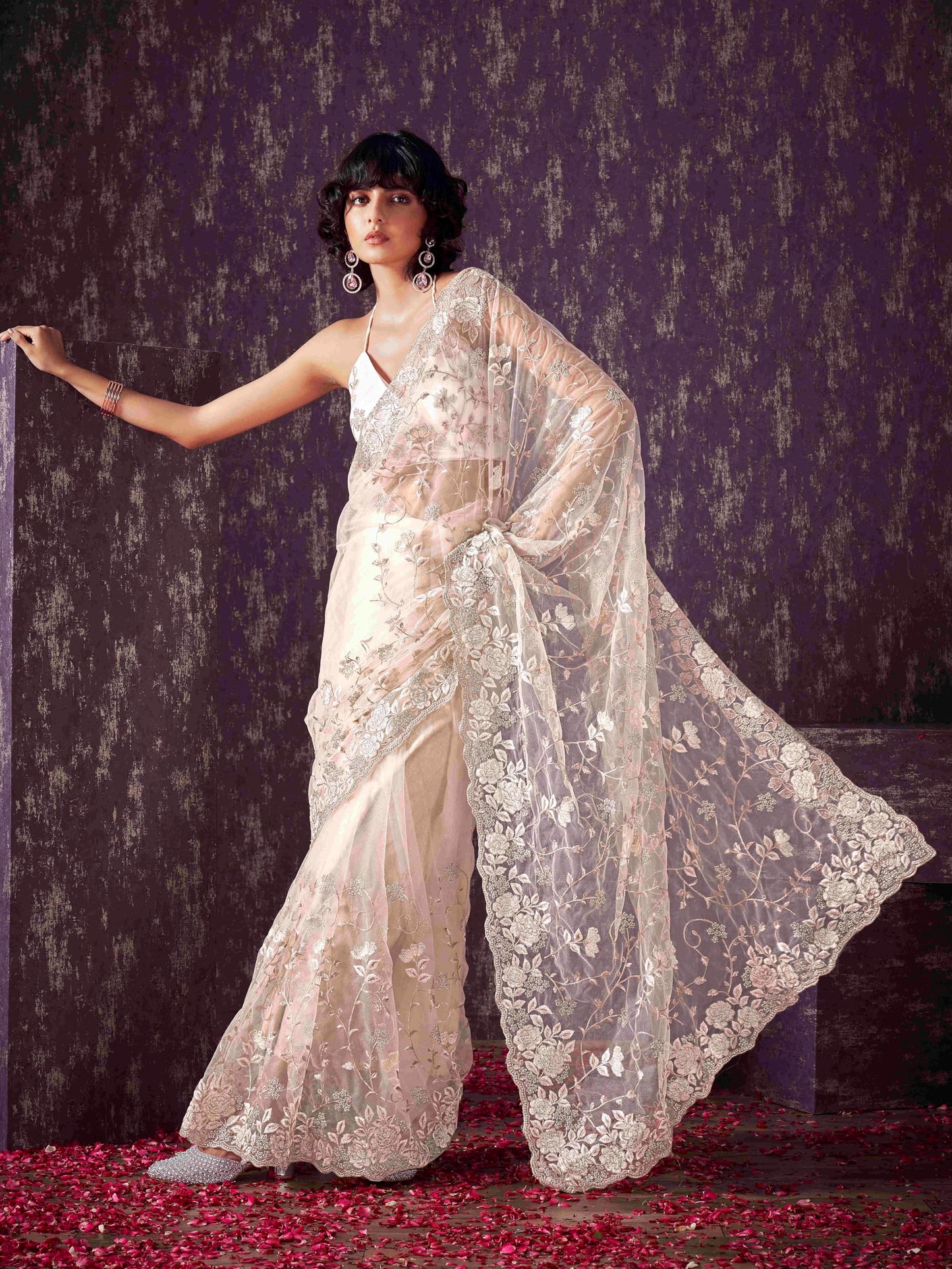 Womanista Women's Net Embroidered Saree (TI6580_Cream)