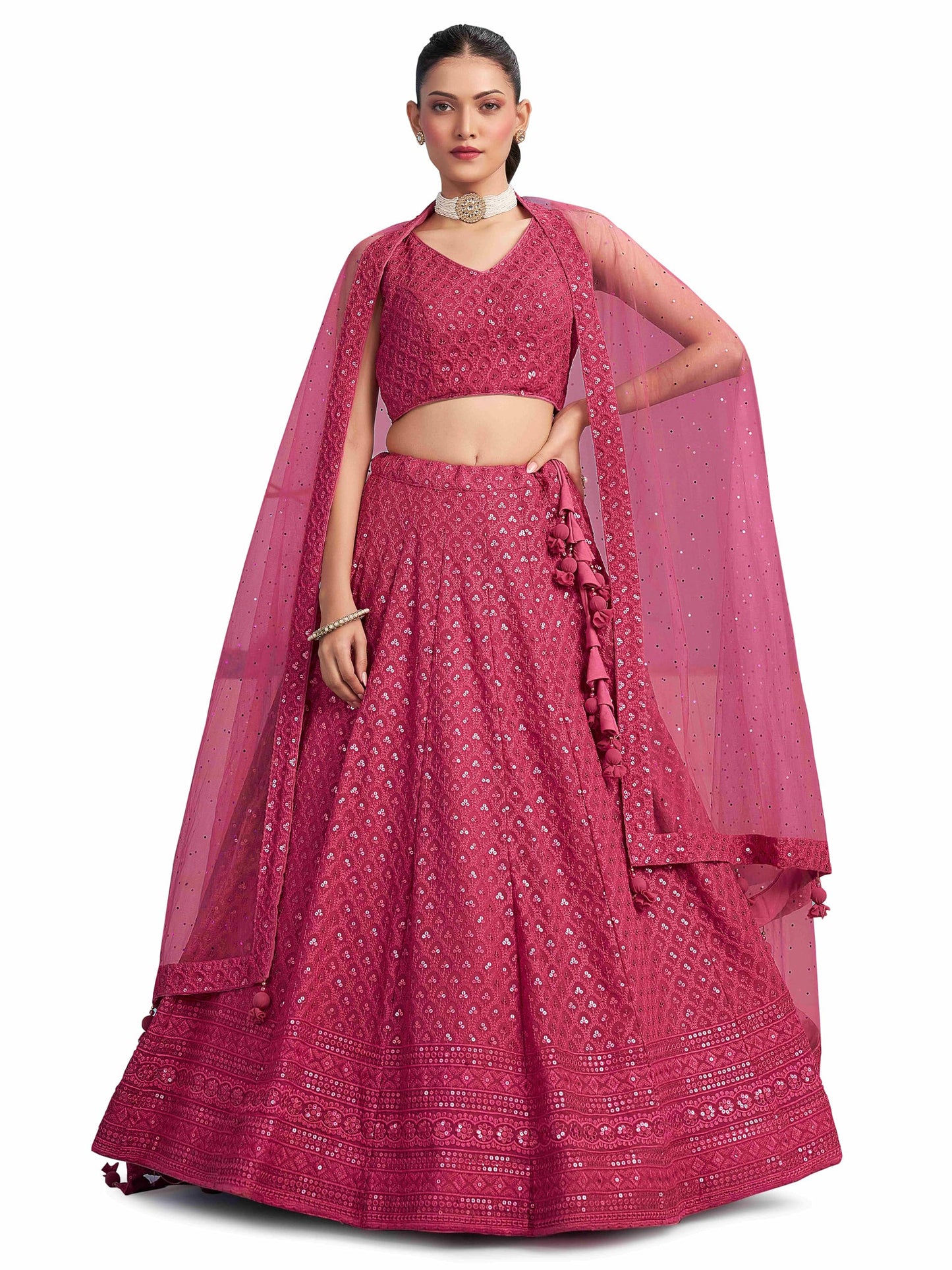 Zeel Clothing Women's Sequins Thread Embroidered Georgette Lehenga Choli With Dupatta (5124-Pink-Women-Lehenga-Choli-New; Free size) (Pink)