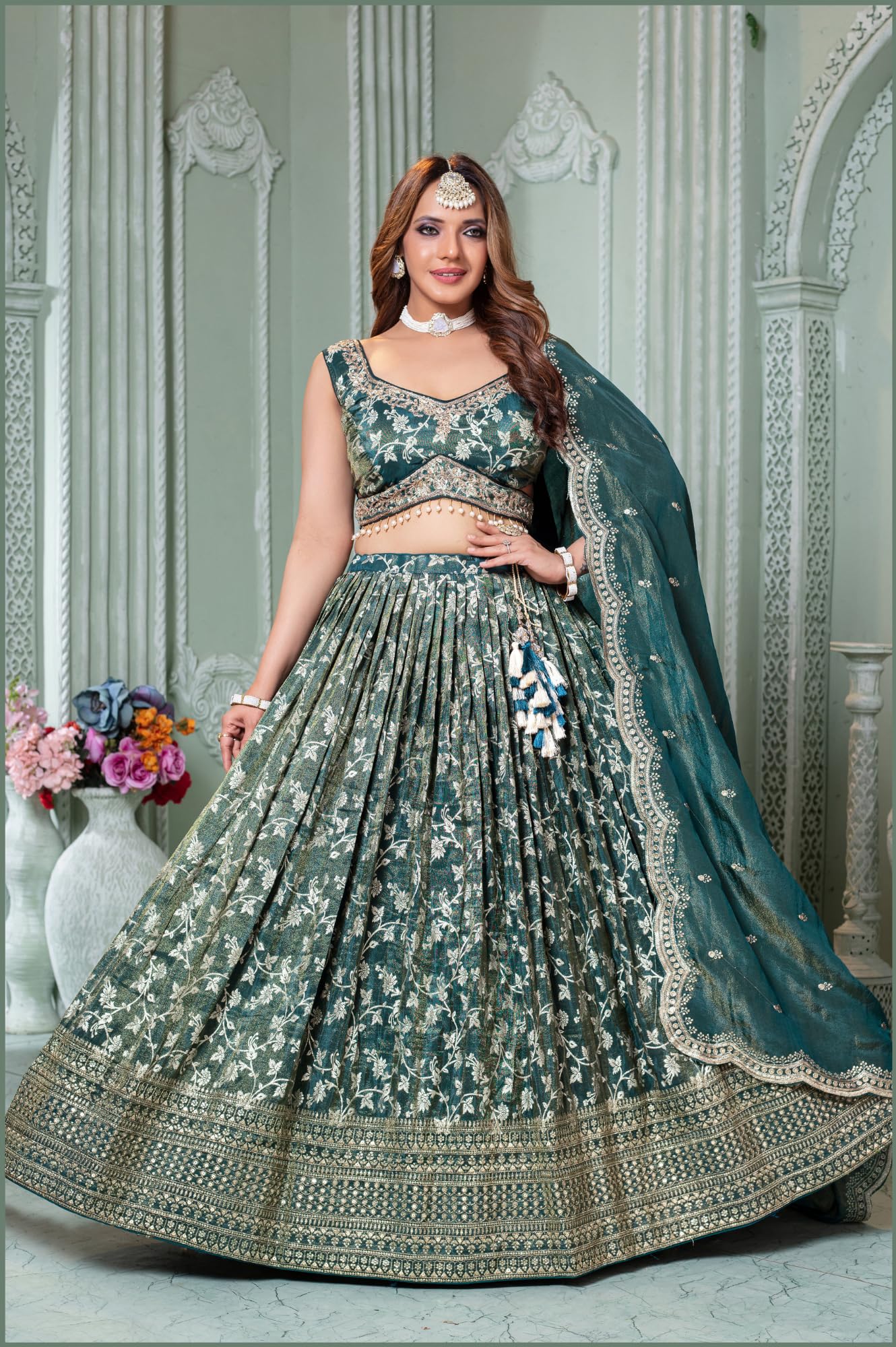 ADHIA Women's Embroidered Lehenga Choli with Dupatta | Silk Blend Wedding Lehenga Set | Traditional Indian Dress (Lehenga, Dupatta, Blouse, Teal Blue, Size - L)