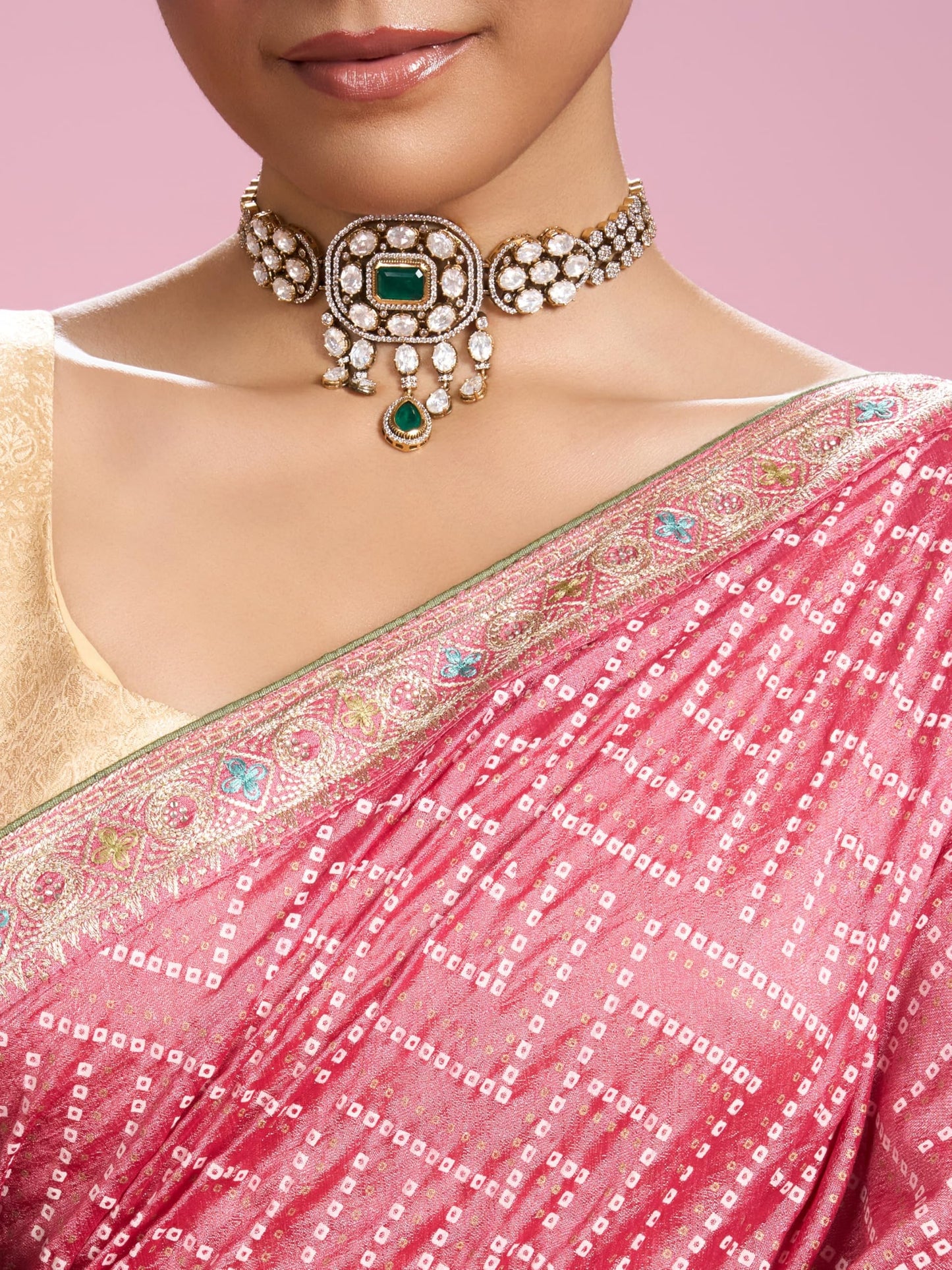 MOHEY Women's Chinon Printed, Stone Work, Thread Work, Zari Saree with Blouse Piece(Pink)