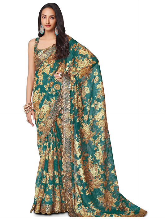 Zeel Clothing Women's Floral Organza Heavy Sequins Saree with Blouse (1106-Teal-Floral-Party-Wedding-Saree, Free Size) (Teal)