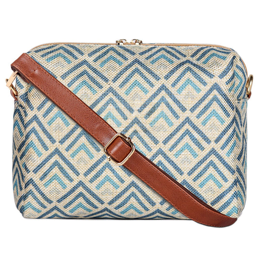 The Clownfish Isla Printed Handicraft Fabric Crossbody Sling Bag for Women Casual Party Bag Purse with Adjustable Shoulder Strap and Printed Design for Ladies College Girls (White with Grey Stripes)