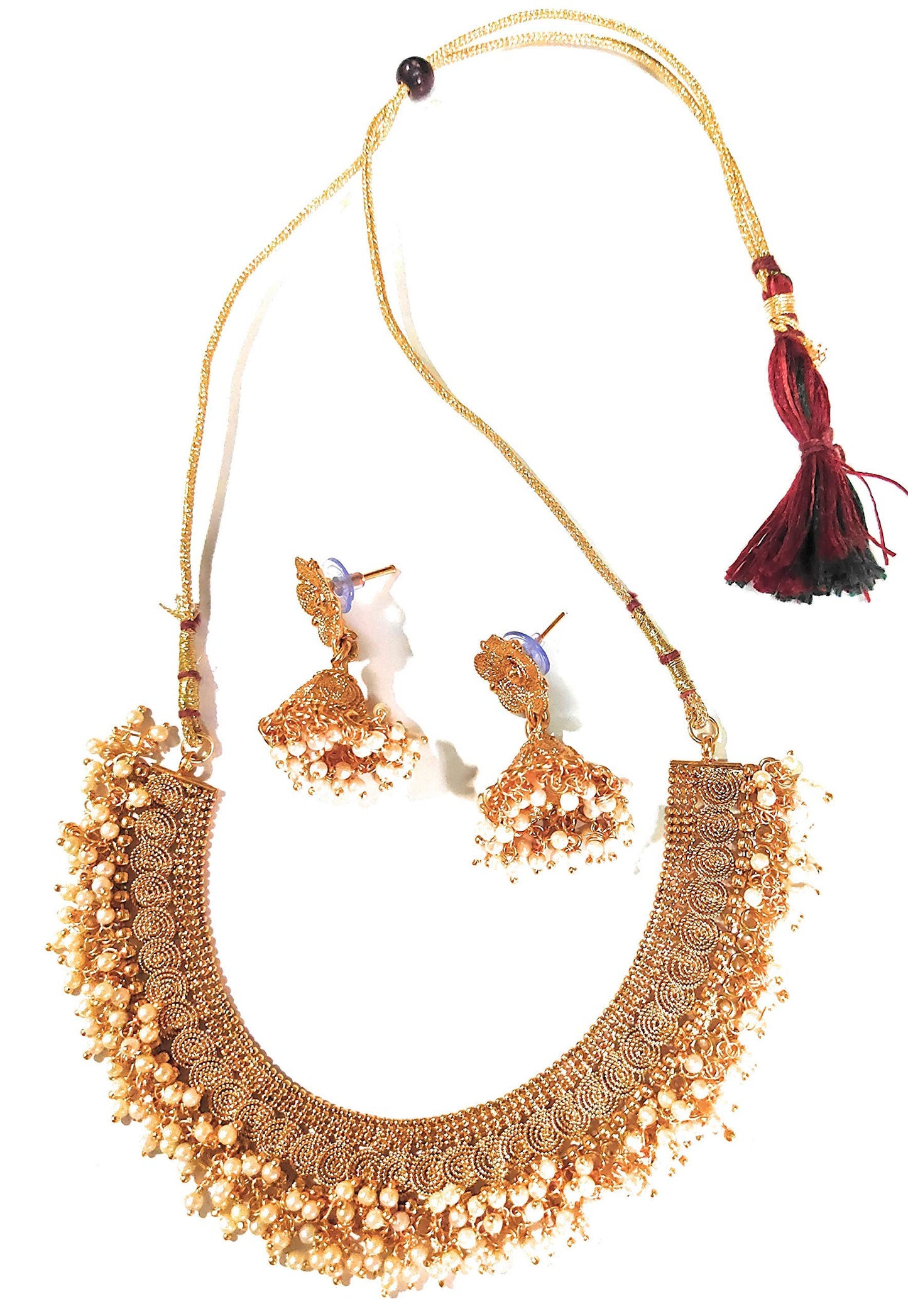 YouBella Jewellery (Pair) for Women: Gold Plated Pearl Studded Traditional Temple Necklace Set + Traditional Pearl Studded Gold Plated Bangles