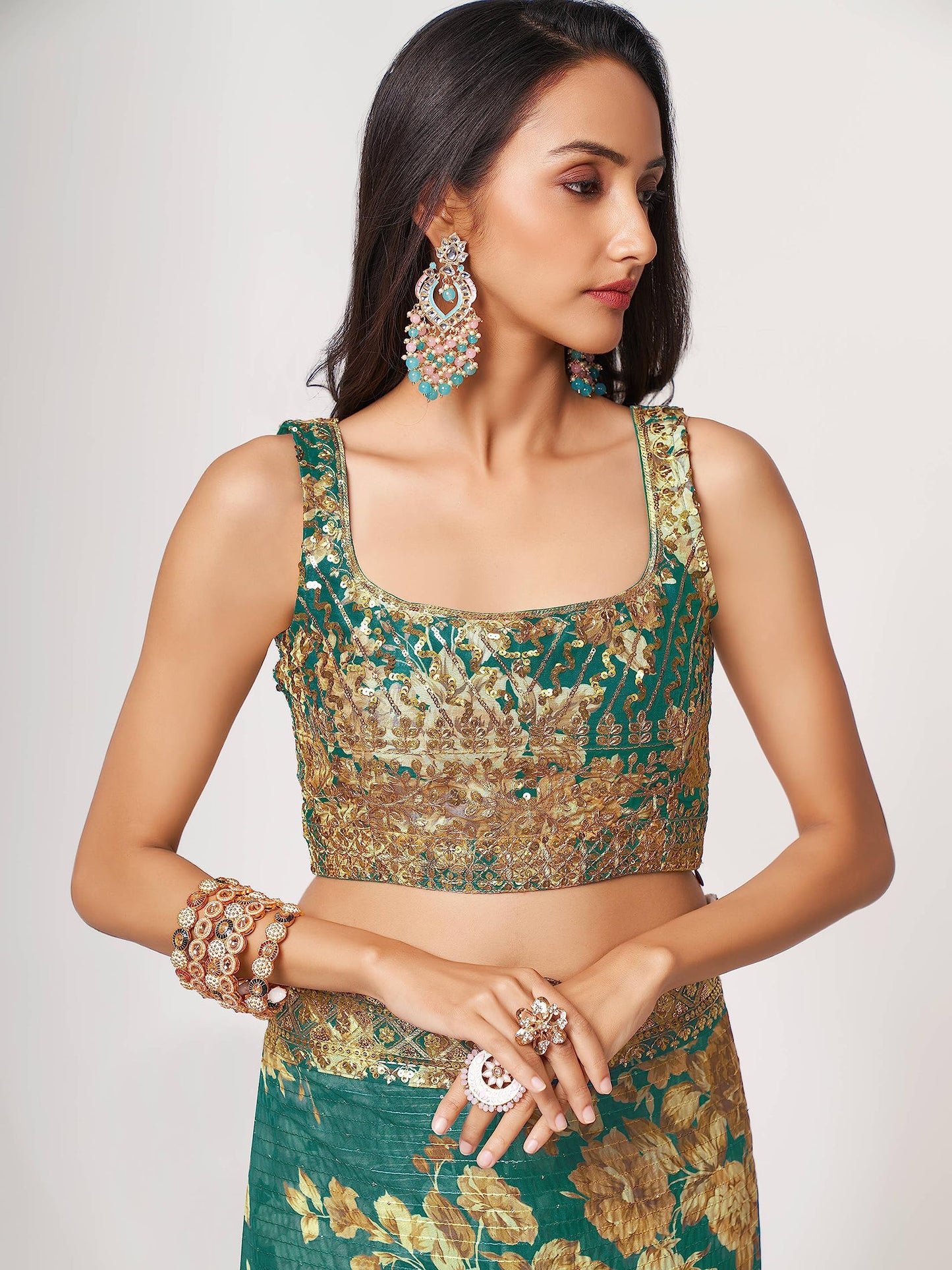 Zeel Clothing Women's Floral Organza Heavy Sequins Saree with Blouse (1106-Teal-Floral-Party-Wedding-Saree, Free Size) (Teal)