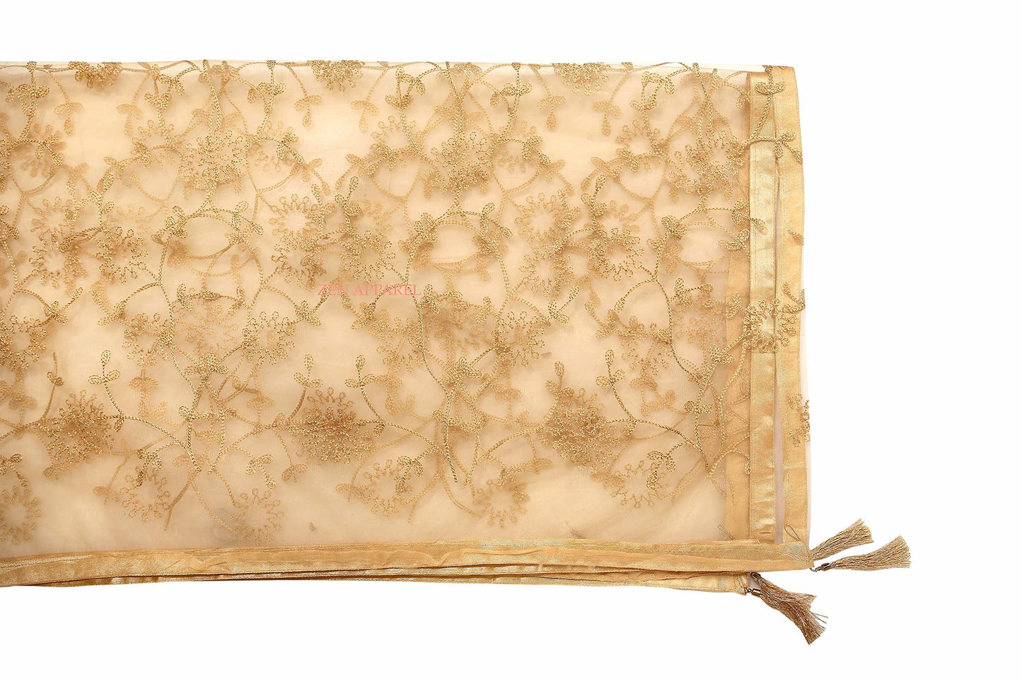 ZEN APPAREL Women's Embroidered Golden Net Dupatta With Lace Borders (Gold Z-101) (Gold)