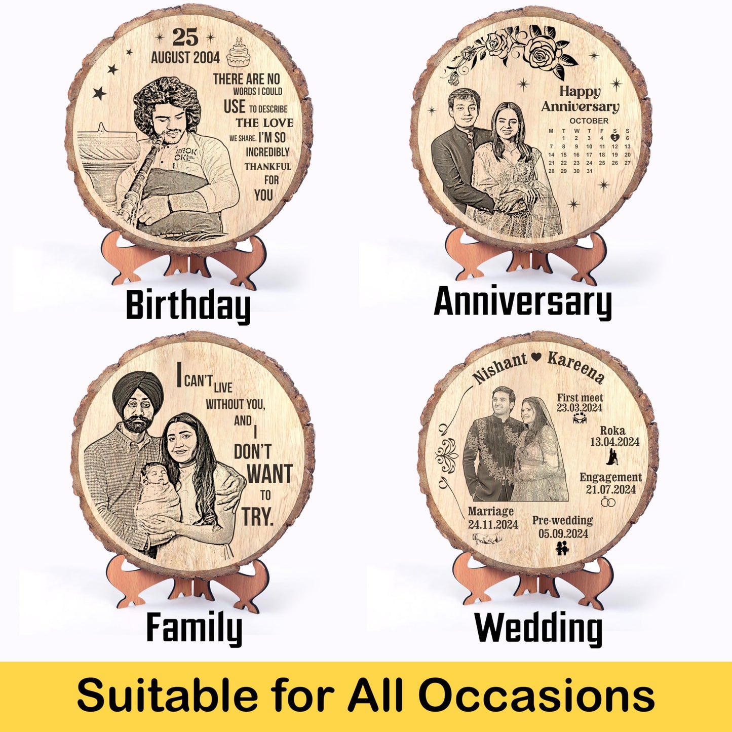 Personalized Engraved Natural Wooden Slice Photo Frame With Wood Stand for Valentine's Day, Valentine Gift for Girlfriend Boyfriend Husband Wife-Valentine Day (8 Inches, Brown, Tabletop)