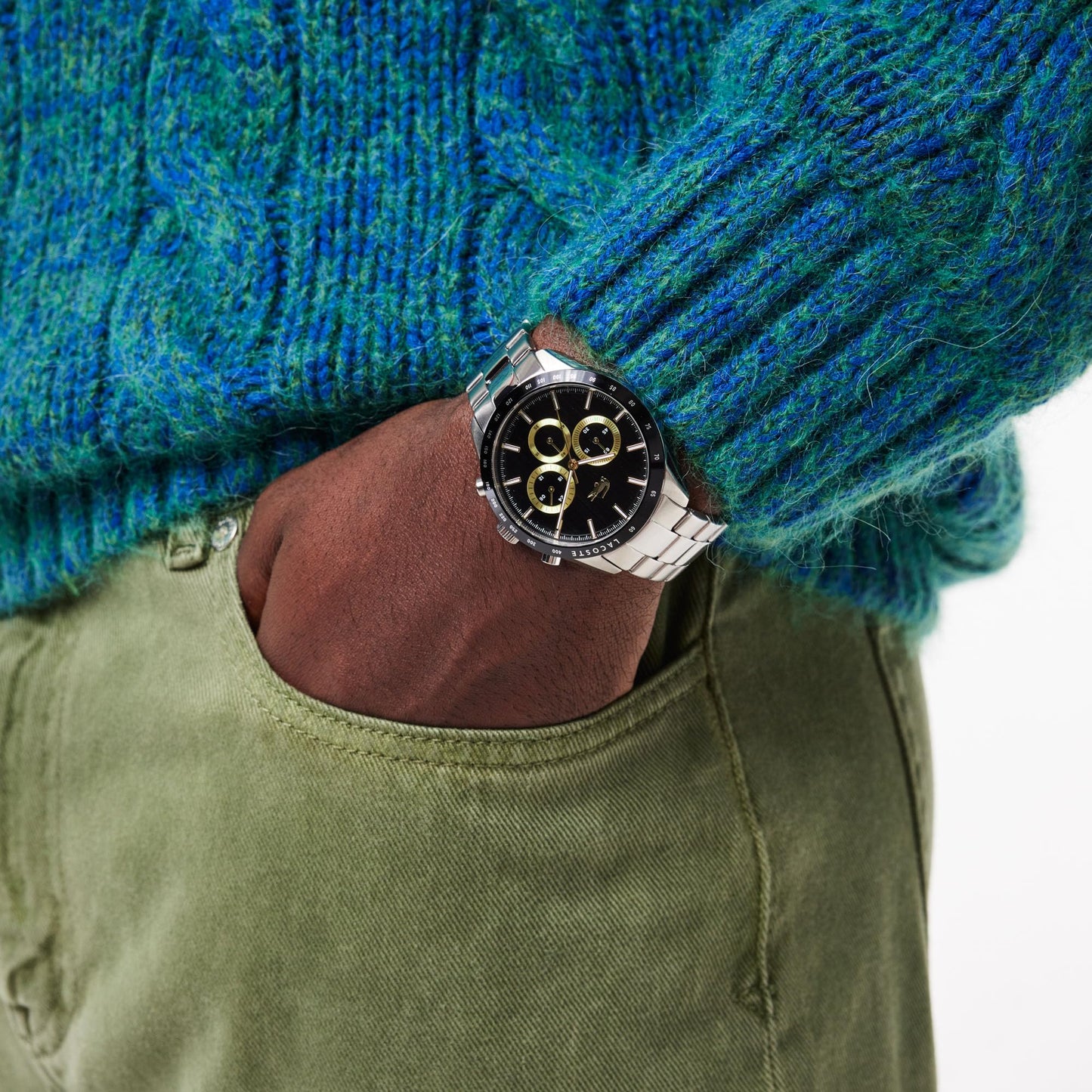 Lacoste Boston Qtz Fashion Chrono Black Round Dial Men's Watch|Stainless Steel Material|Silver Color Band - 2011272