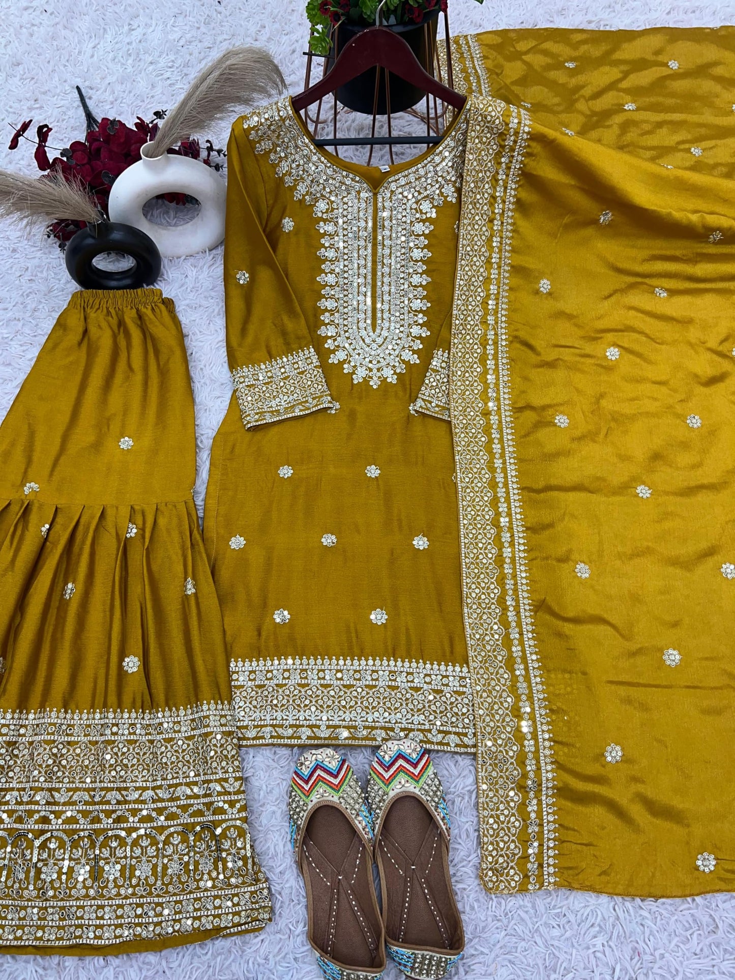 Brulry Women's Yellow Embroidered Chinnon Silk Kurta with Palazzo & With Dupatta