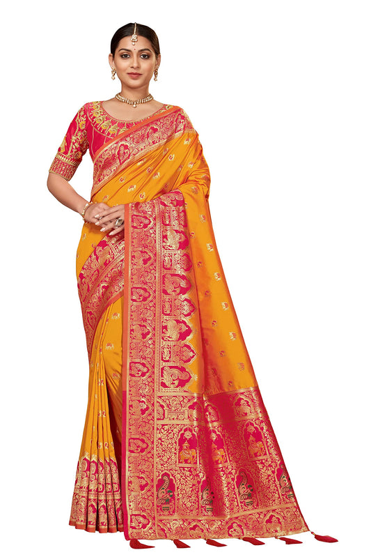 MANOHARI Women's Traditional Jacquard Work Yellow Banarasi Silk Woven Pattern Most Trendy Saree with Unstitch Blouse Piece