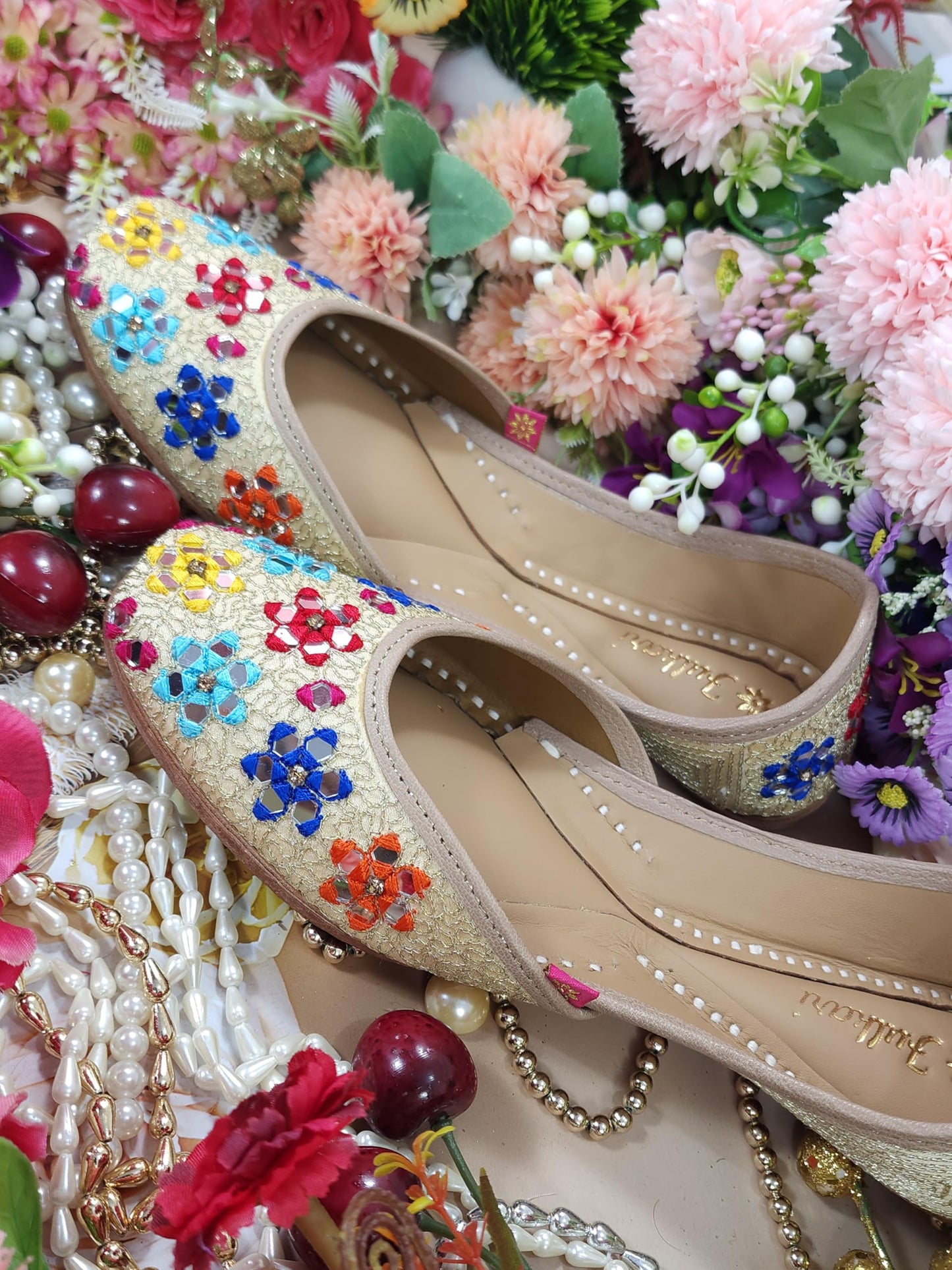 Fulkari Women Mirror Gold Multicolor Formal Genuine Soft Leather Jutis | Bite and Pinch Free Juttis | Punjabi Jutti | Girl's Wedding Flat Ladies Mojari Ethnic Juti |