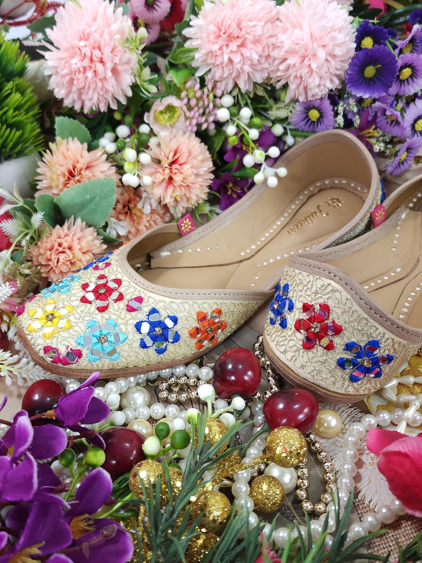 Fulkari Women Mirror Gold Multicolor Formal Genuine Soft Leather Jutis | Bite and Pinch Free Juttis | Punjabi Jutti | Girl's Wedding Flat Ladies Mojari Ethnic Juti |