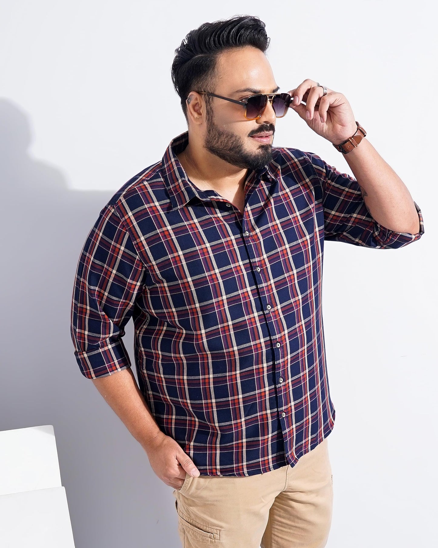 The Indian Garage Co Men's Cotton Checkered Plus Size Regular Fit Shirt (Pl-0822-Sh06-01_Navy 4XL)