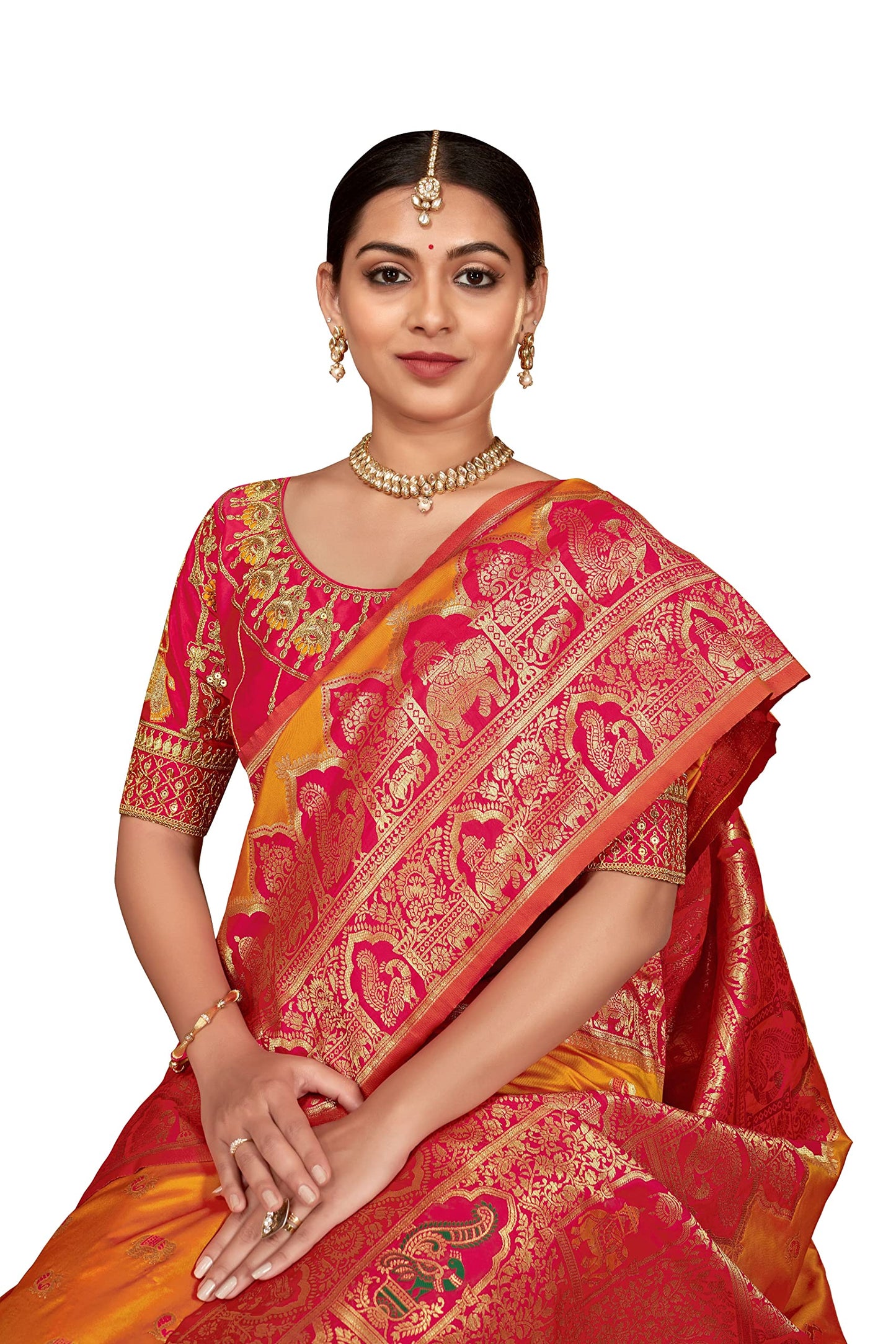 MANOHARI Women's Traditional Jacquard Work Yellow Banarasi Silk Woven Pattern Most Trendy Saree with Unstitch Blouse Piece