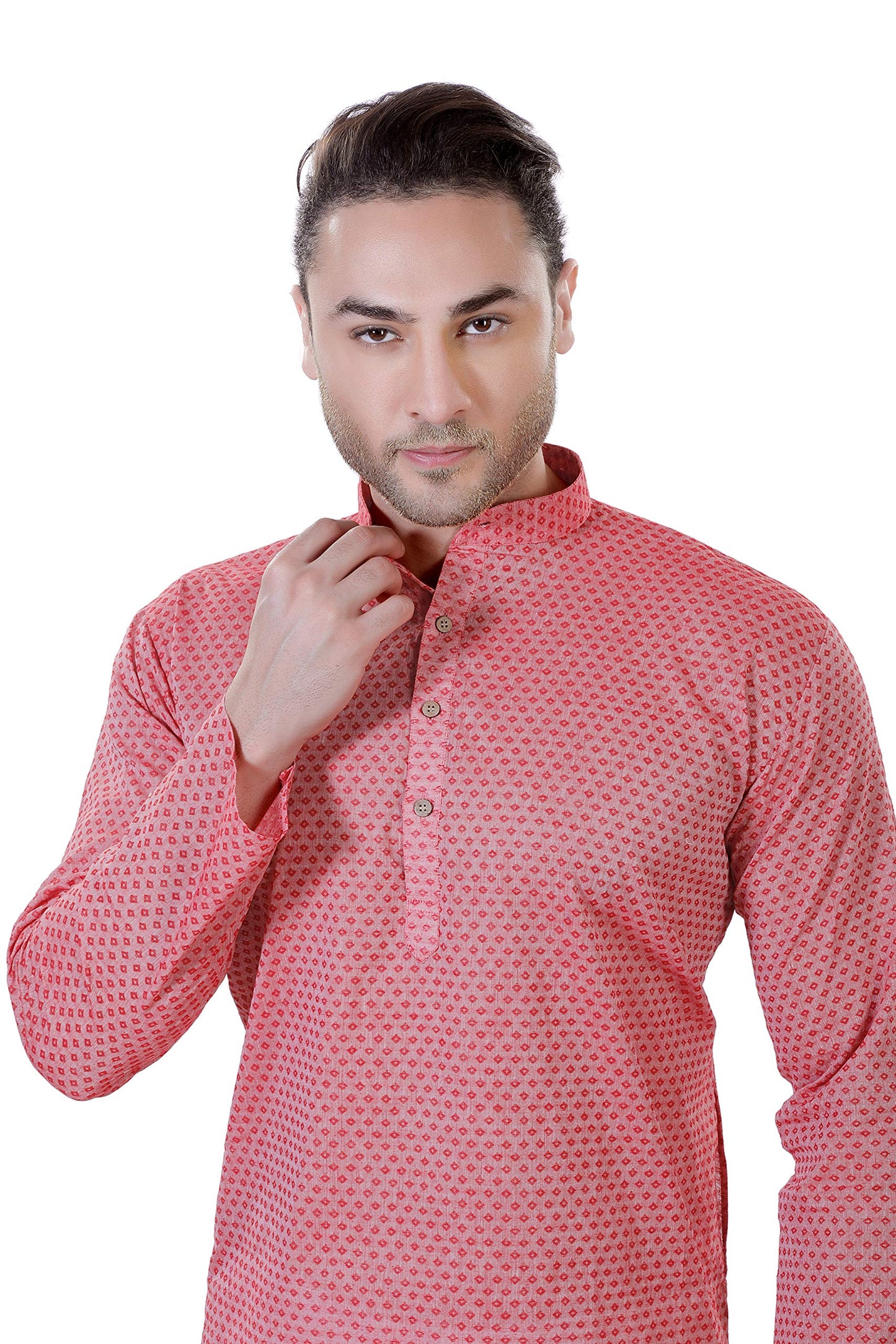 LUCKWIN Men's Handloom Cotton Kurta in Red for Men [LWKurta054-48]