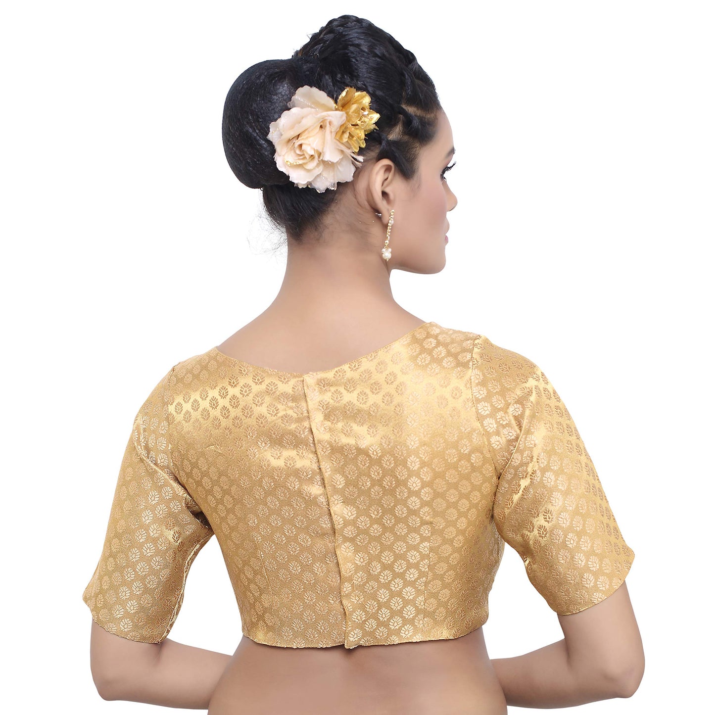 Madhu Fashion Women's Traditional Banaras Brocade Readymade Saree Blouse with Boat Neck and Elbow Length Sleeves (36, GOLD)