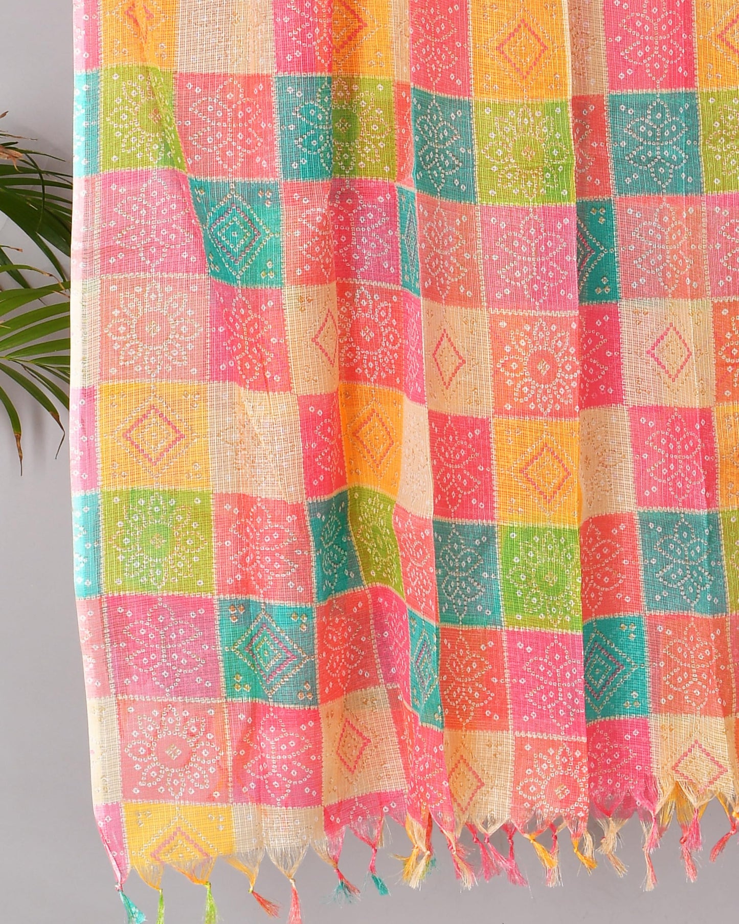 POISED Rajasthani Multicoloured Kota Doria Cotton Dupatta For Women's| Bandhani Pattern Designer Chunni With Tassels On Sides| Perfect For Festivals| (Pink), Free Size