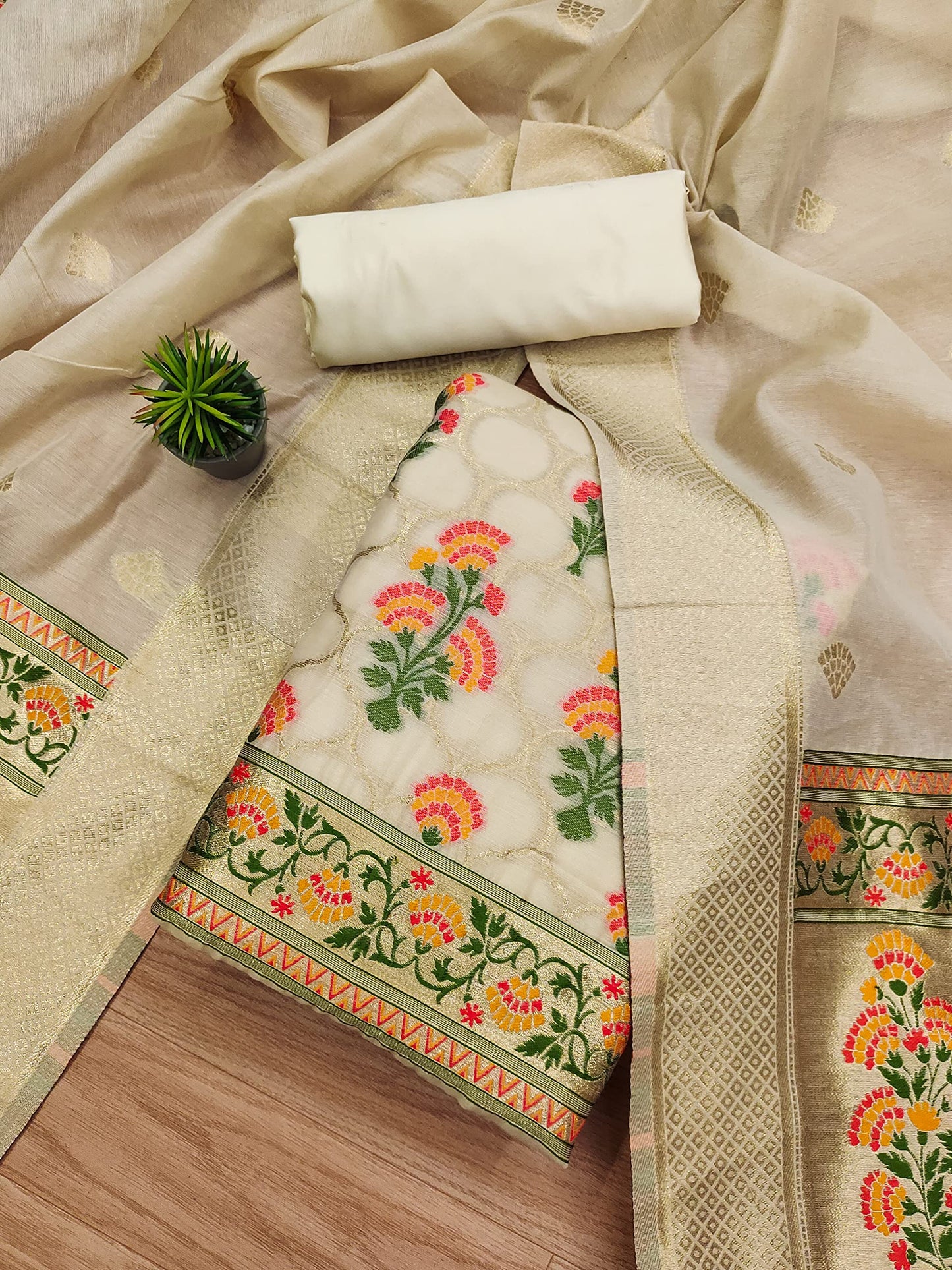 Pandadi Women's Yellow Cotton Jacquard Unstitched Salwar Suit Dress Material