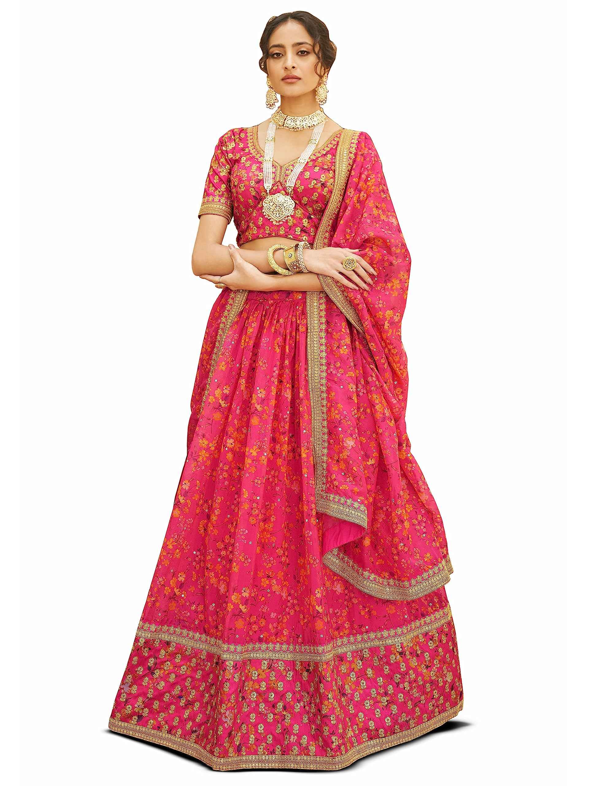 Zeel Clothing Women Organza Lehenga Choli Semi-Stitched Pink Free Size