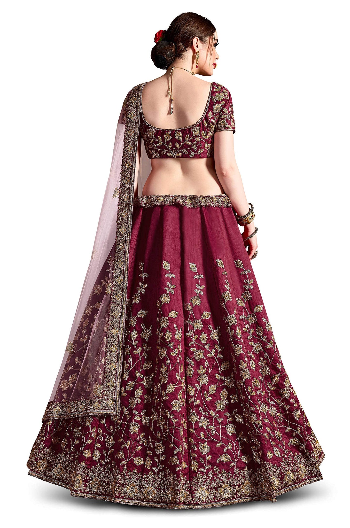 Zeel Clothing Women's Embroidered Raw Silk Semi-Stitched Lehenga Choli With Dupatta(7011-Red-New-Bridal-Wedding Maroon, Free Size)