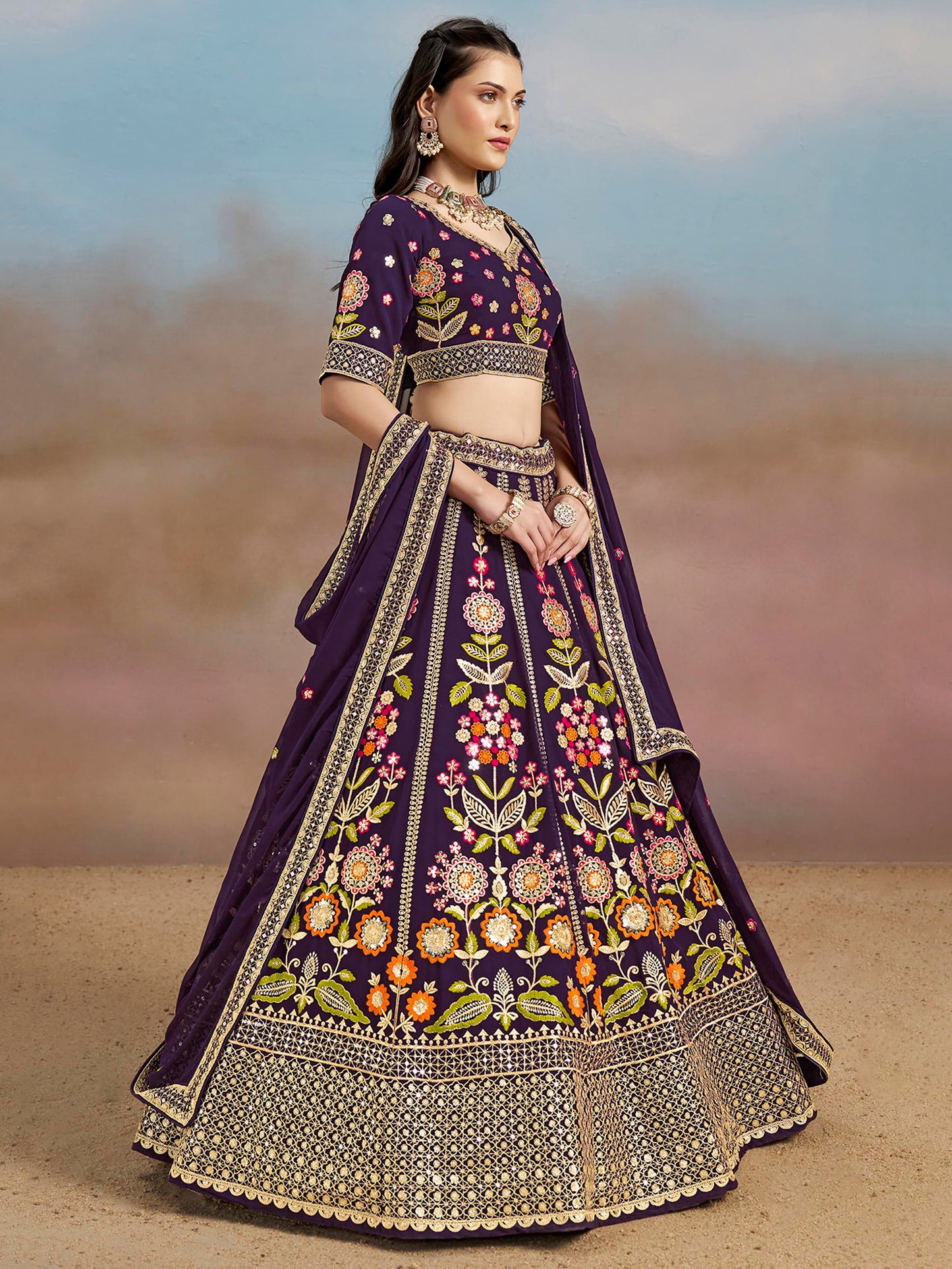Zeel Clothing Women's Sequins Thread Embroidered Georgette Lehenga Choli With Dupatta (6008-Women-Lehenga-Choli-New; Free Size) (Purple)