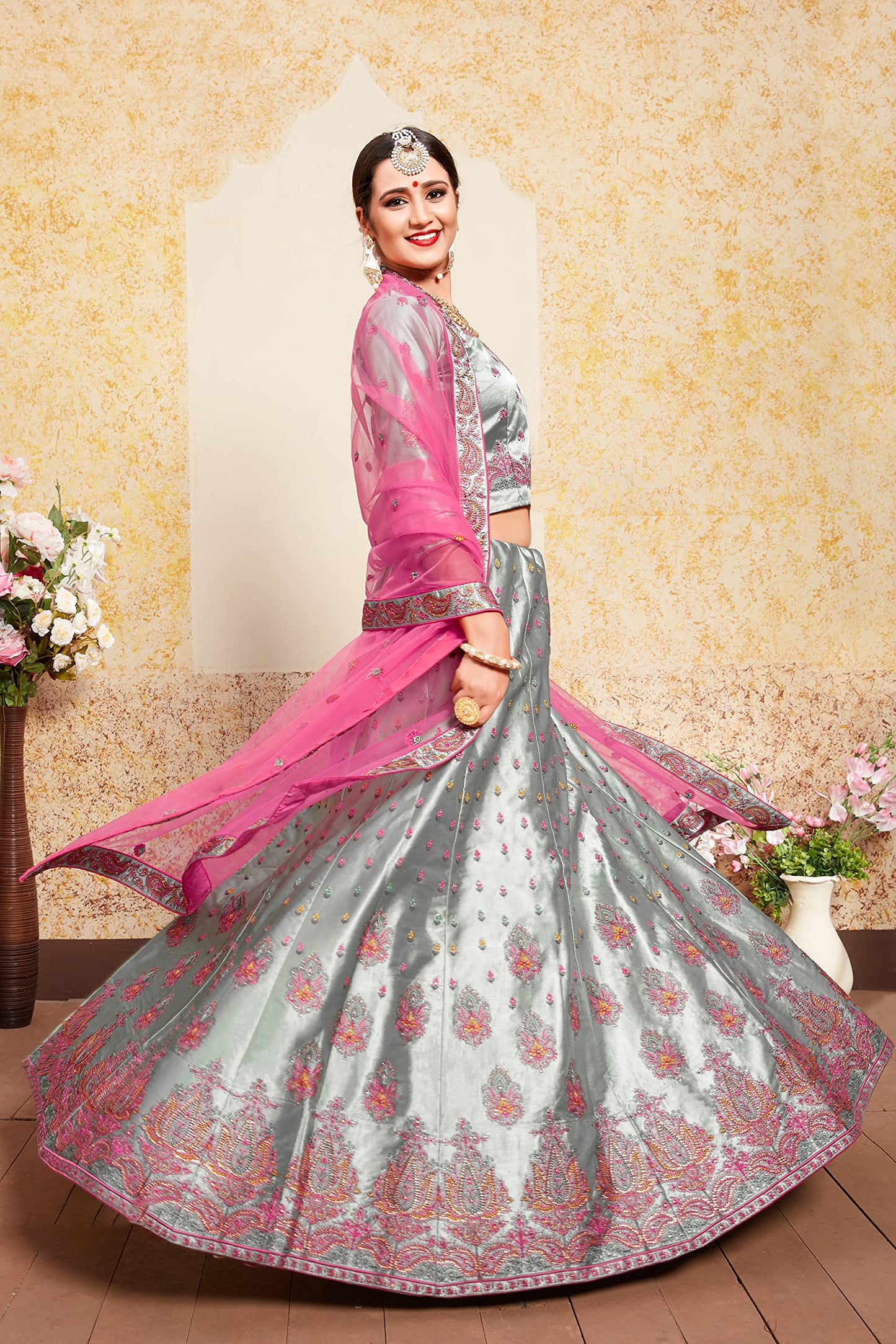 FUSIONIC Beautiful Grey colored Soft Net base designer Lehenga Choli For Women