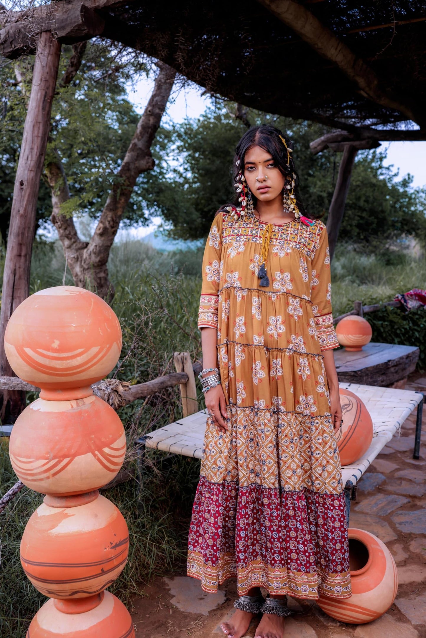 Juniper Mustard Embroidered Anarkali Long Dress with Tassels & Mirror Work