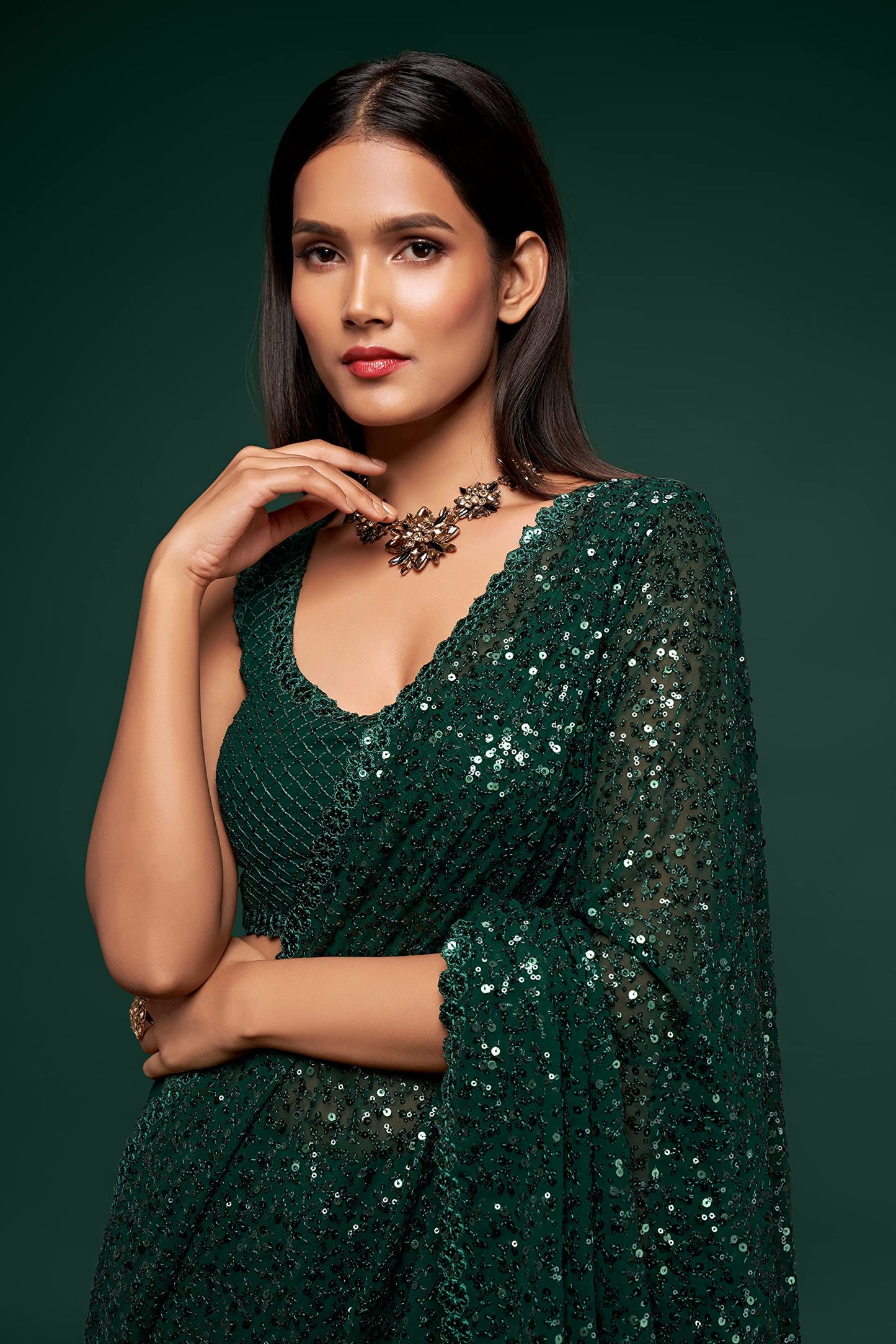Zeel Clothing Women's Dark Green Sequins Work Heavy Georgette Saree with Blouse (1008-Deep-Green-Sequins-Party-Saree, Deep Green)