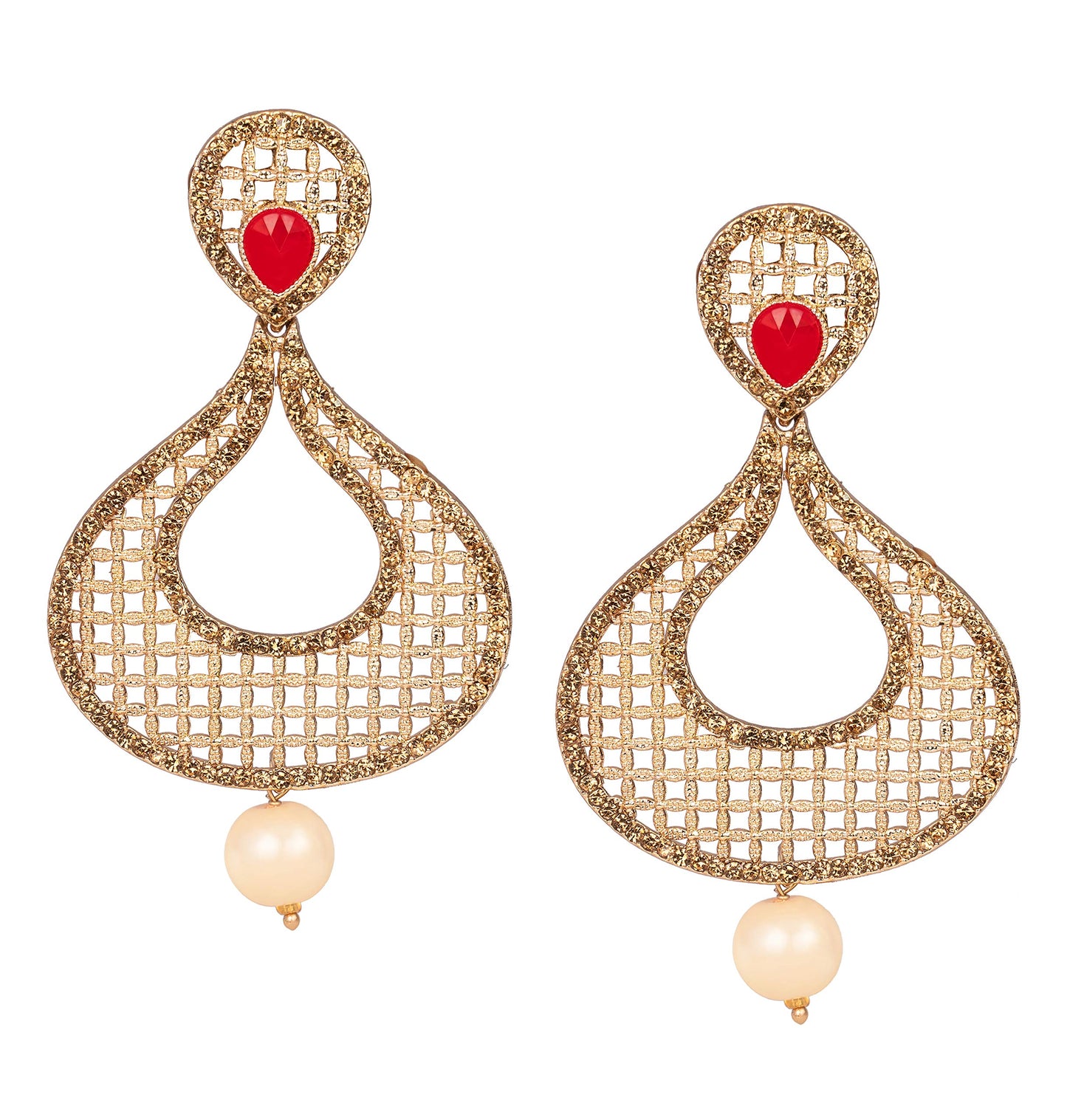 JFL - Jewellery for Less Gold Plated Jali Pattern Stone and LCD Diamond Studded Maang Tikka with Dangler Earrings for Women and Girls (Red),Valentine