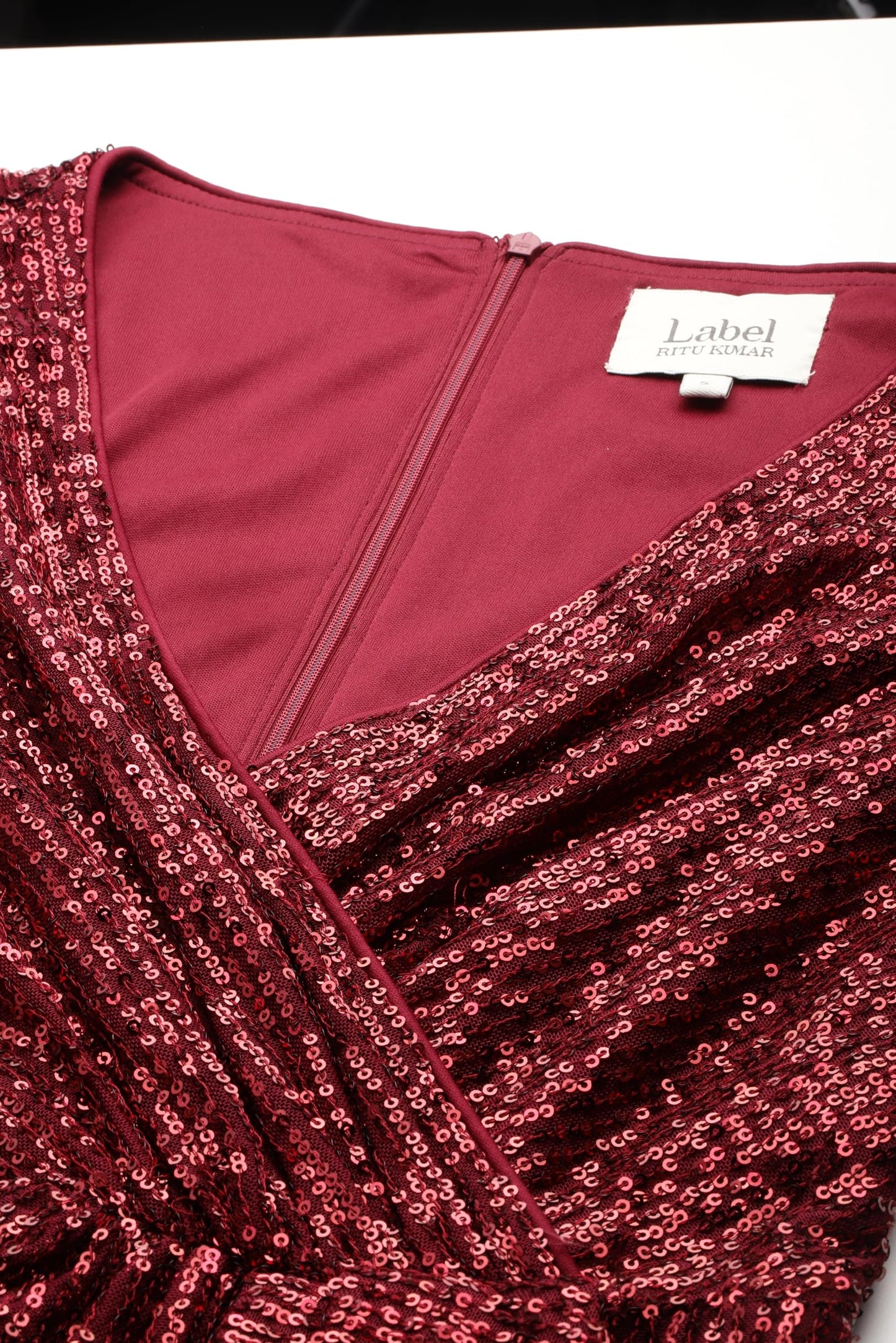 Label RITU KUMAR V Neck Full Sleeves Short Dress Red