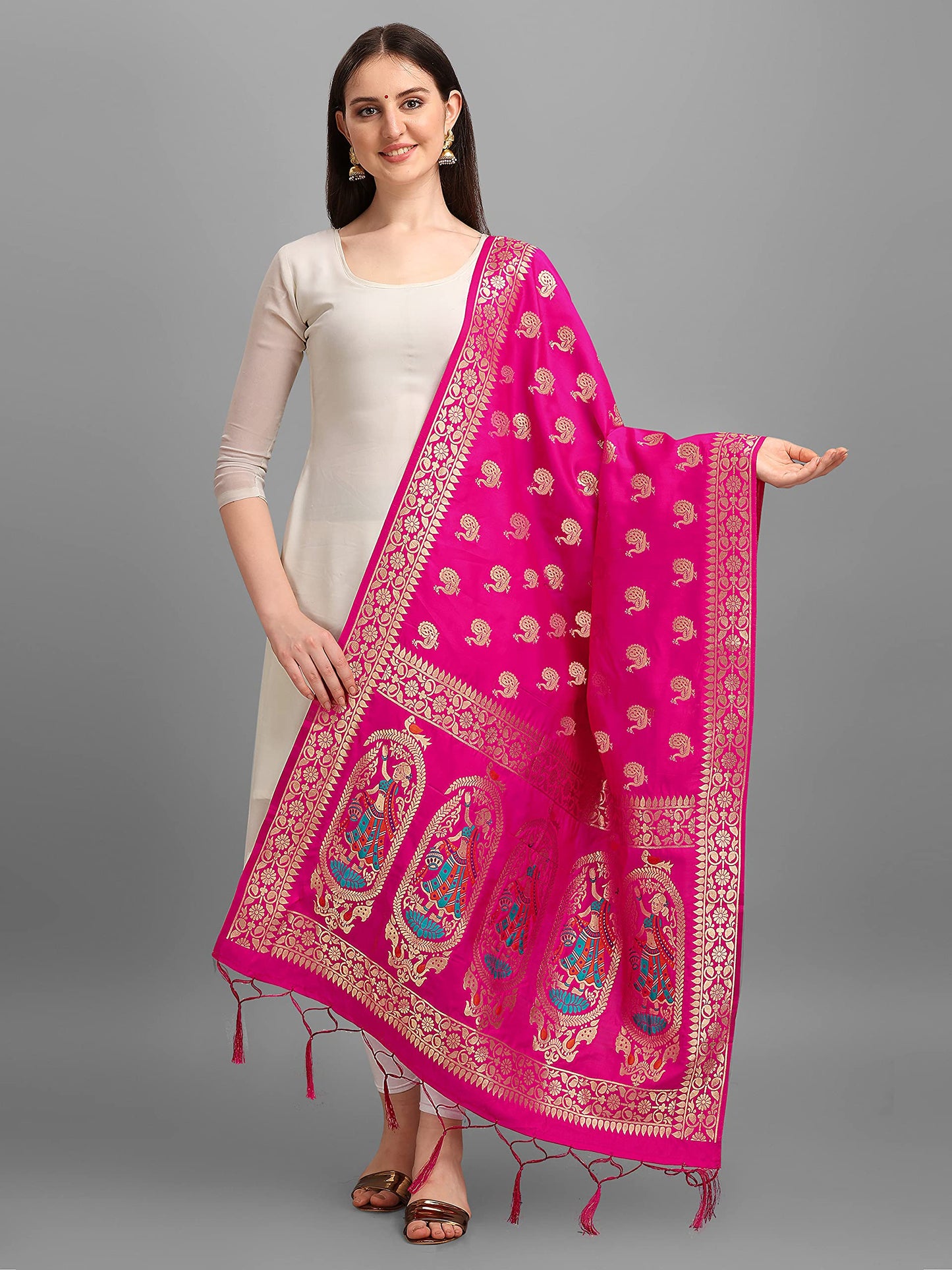 DEVANGI Women's Woven Banarasi Silk Zari Dupatta/Chunni, Width 1 Meter, Length 2.5 Meter (OM-DT-05-RANI)