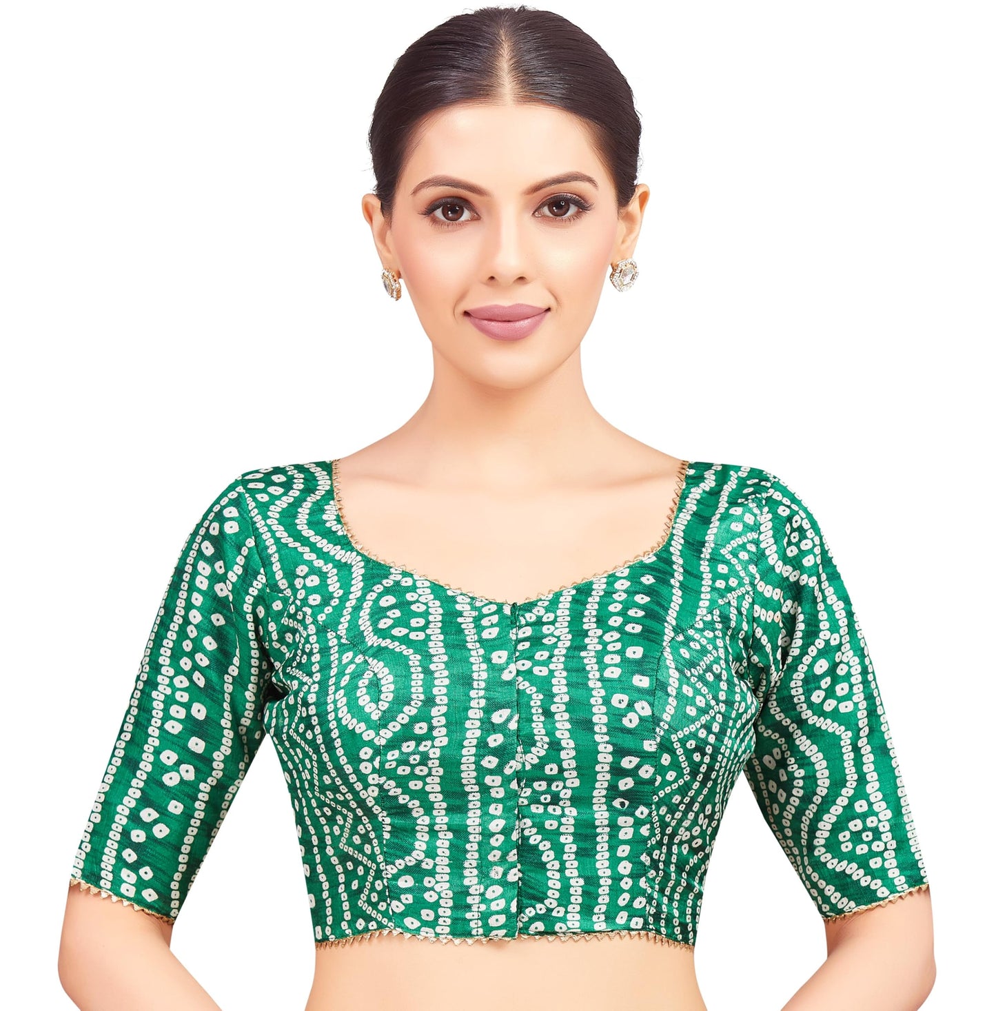 Studio Shringaar Women's Polyester Elbow Length Sleeves Bandhani Print Saree Blouse (Green, 34)