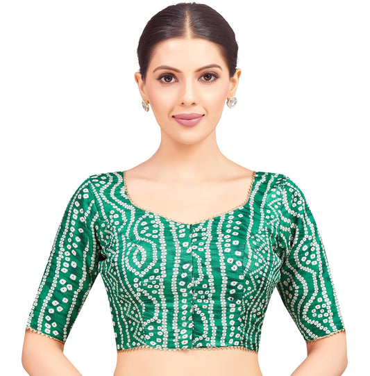Studio Shringaar Women's Polyester Elbow Length Sleeves Bandhani Print Saree Blouse (Green, 34)