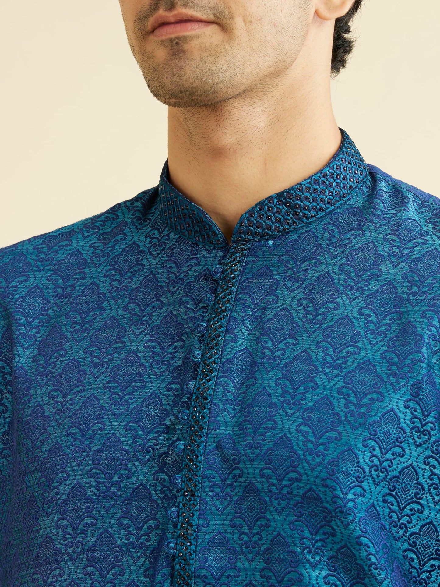Manyavar Elegant Embroidered Knee Long Full Sleeves Kurta Pyjama Set for Men - (Blue, Large)