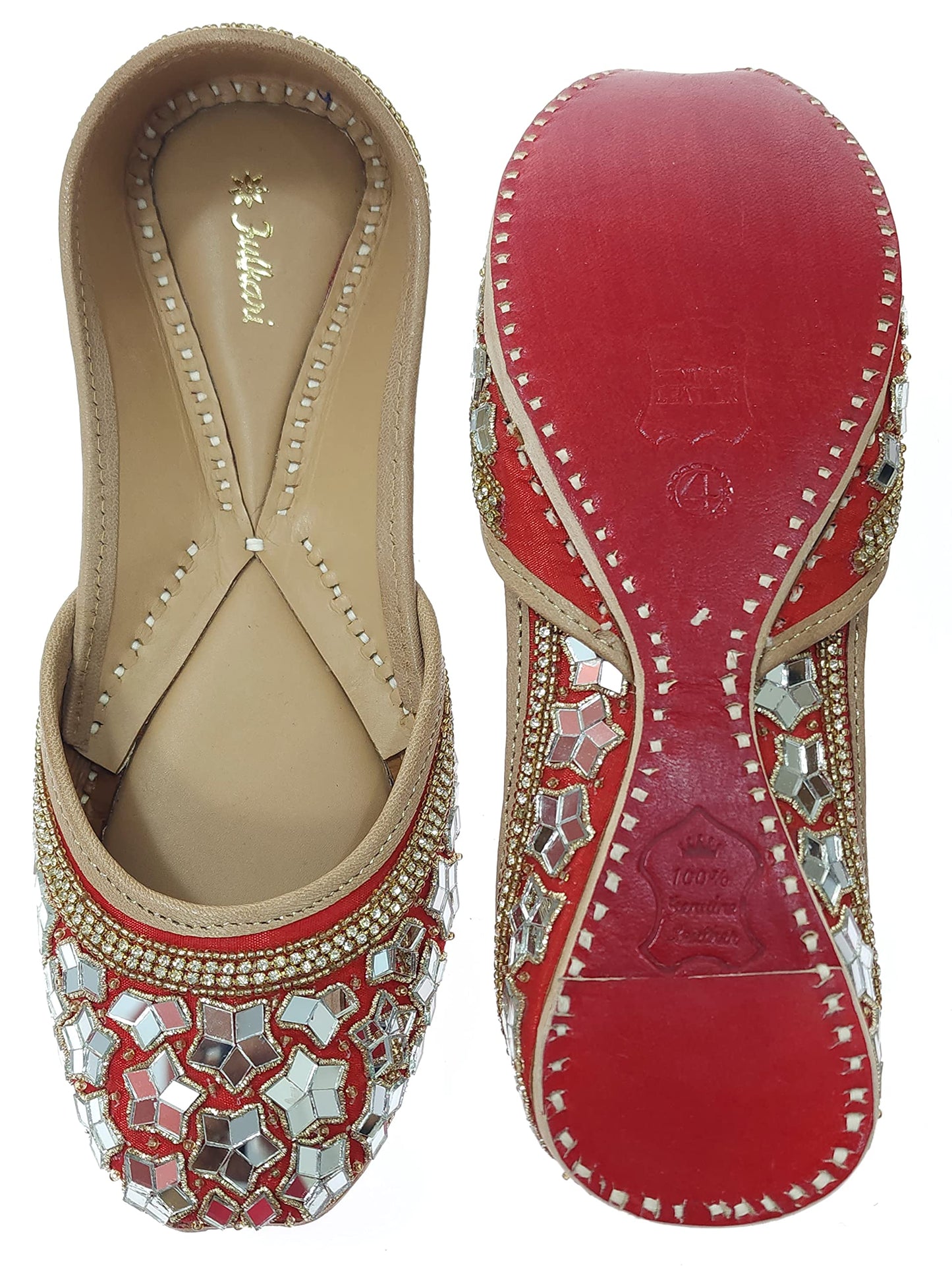 Fulkari Women's Mirror Flower Genuine Soft Leather Embroidered Jutis | Bite and Pinch Free Jutti | Punjabi Formal Juttis | Girl's Wedding Flat Ladies Mojari | Formal Ethnic Juti |