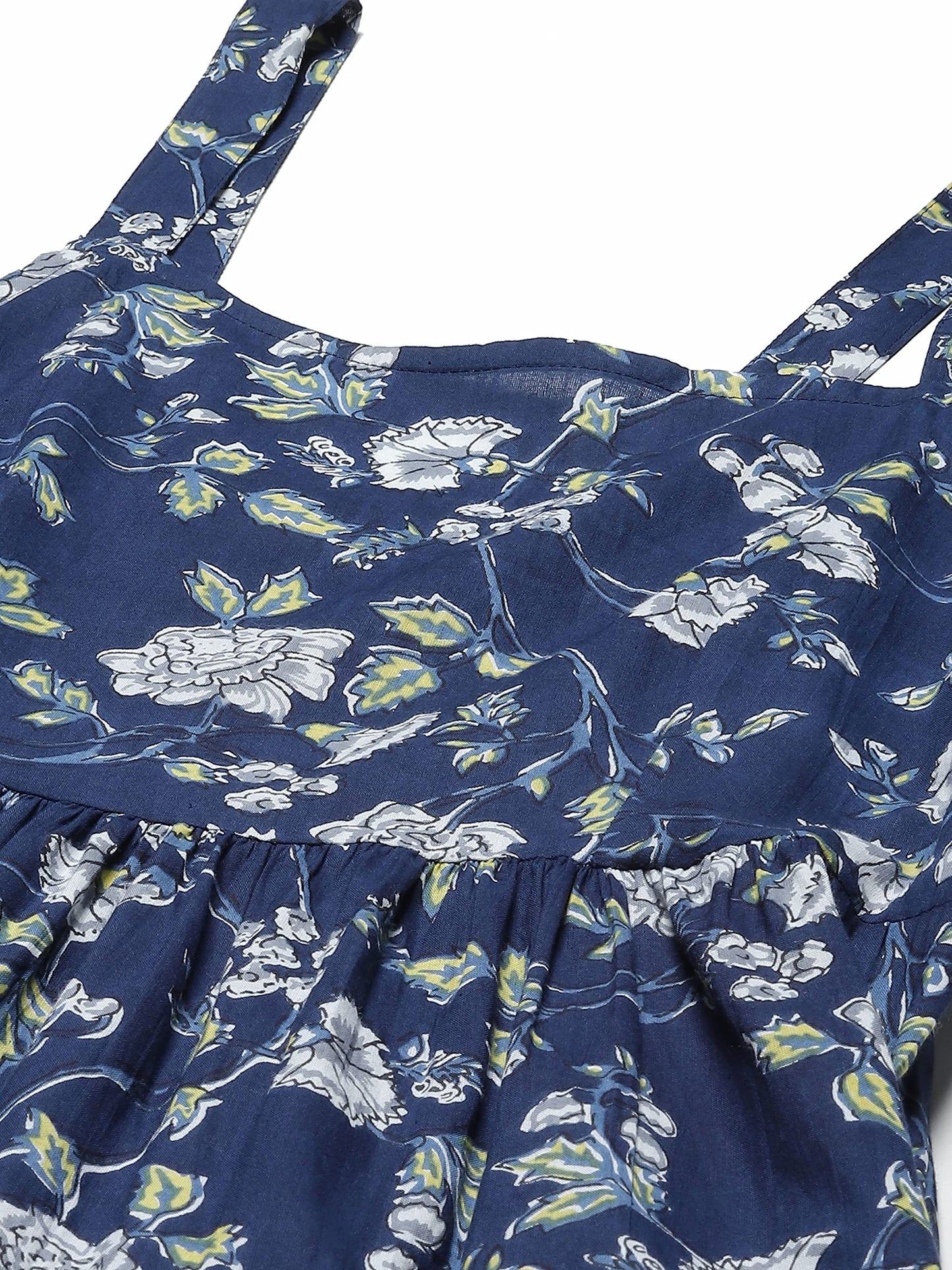 Divena Blue Floarl Shoulder Strip Long Dress