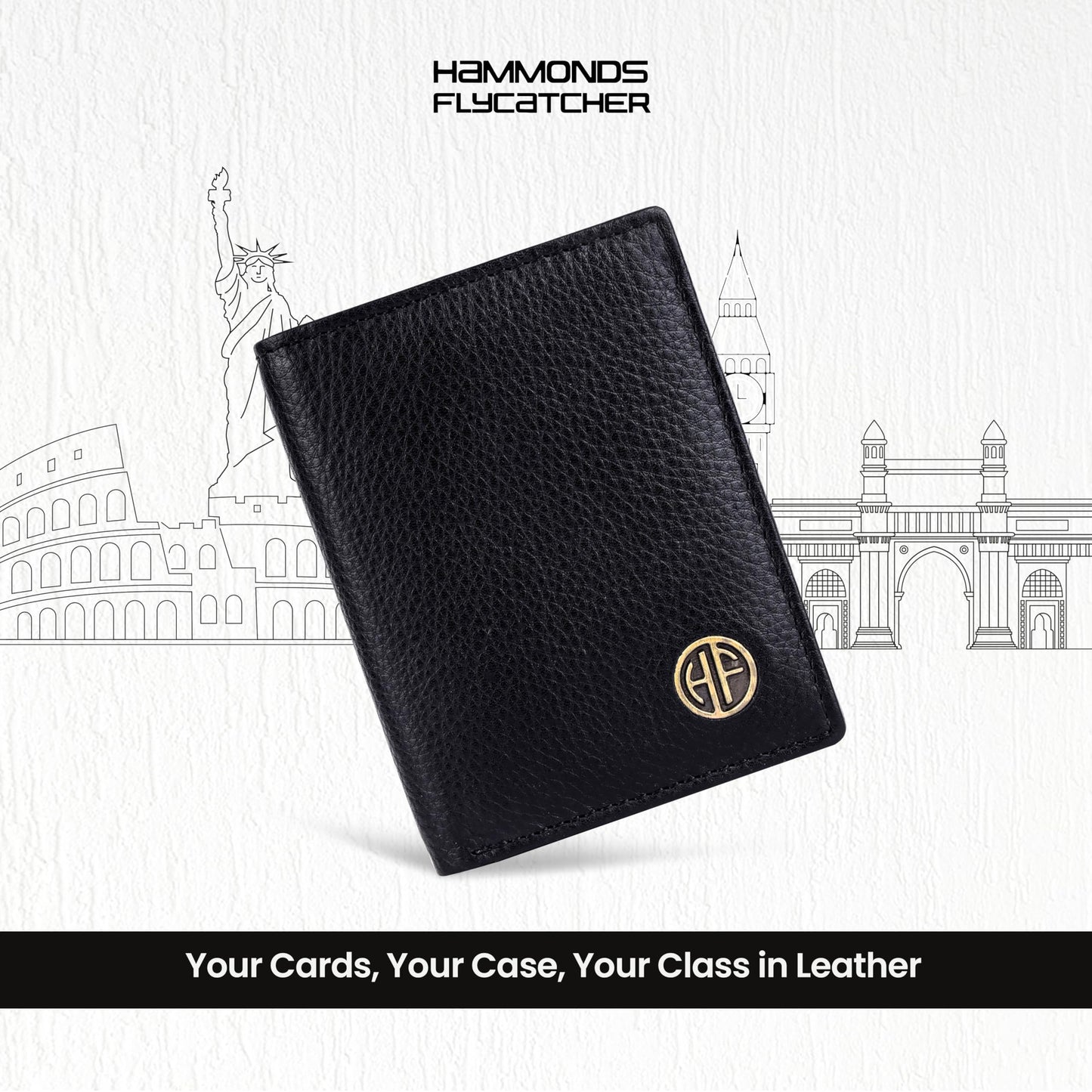 HAMMONDS FLYCATCHER Genuine Leather Card Holder for Men, Credit Card Holder, Slim Bi-Fold RFID Protected Credit Card Wallet for Men with 6 Card Slots, 1 Currency Slot, Metal Snap Button - Black