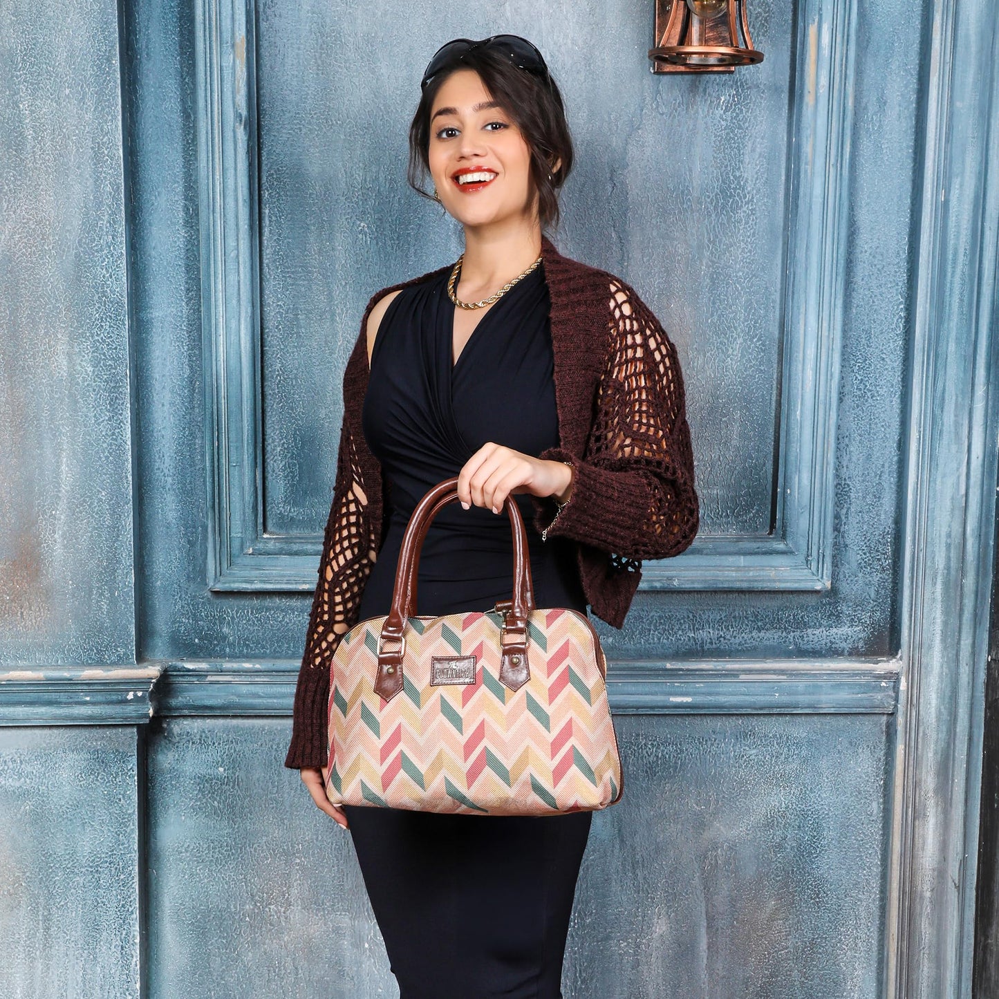 THE CLOWNFISH Montana Series Printed Handicraft Fabric & Faux leather Handbag for Women Office Bag Ladies Purse Shoulder Bag Tote For Women College Girls (Cream-1)